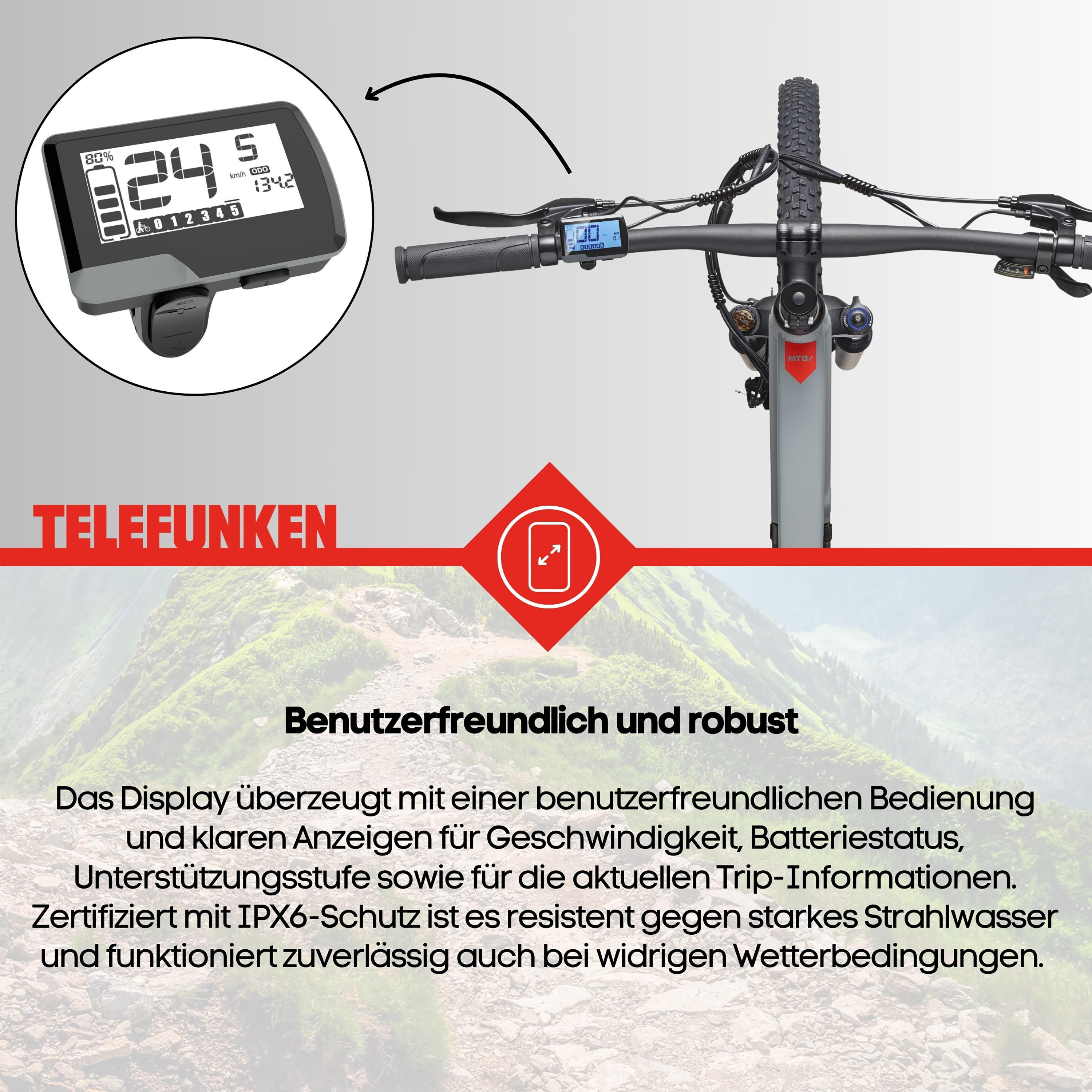 E-Bike Display zeigt Geschwindigkeit, Akku und Stufe 5 an. MTB Gabel.