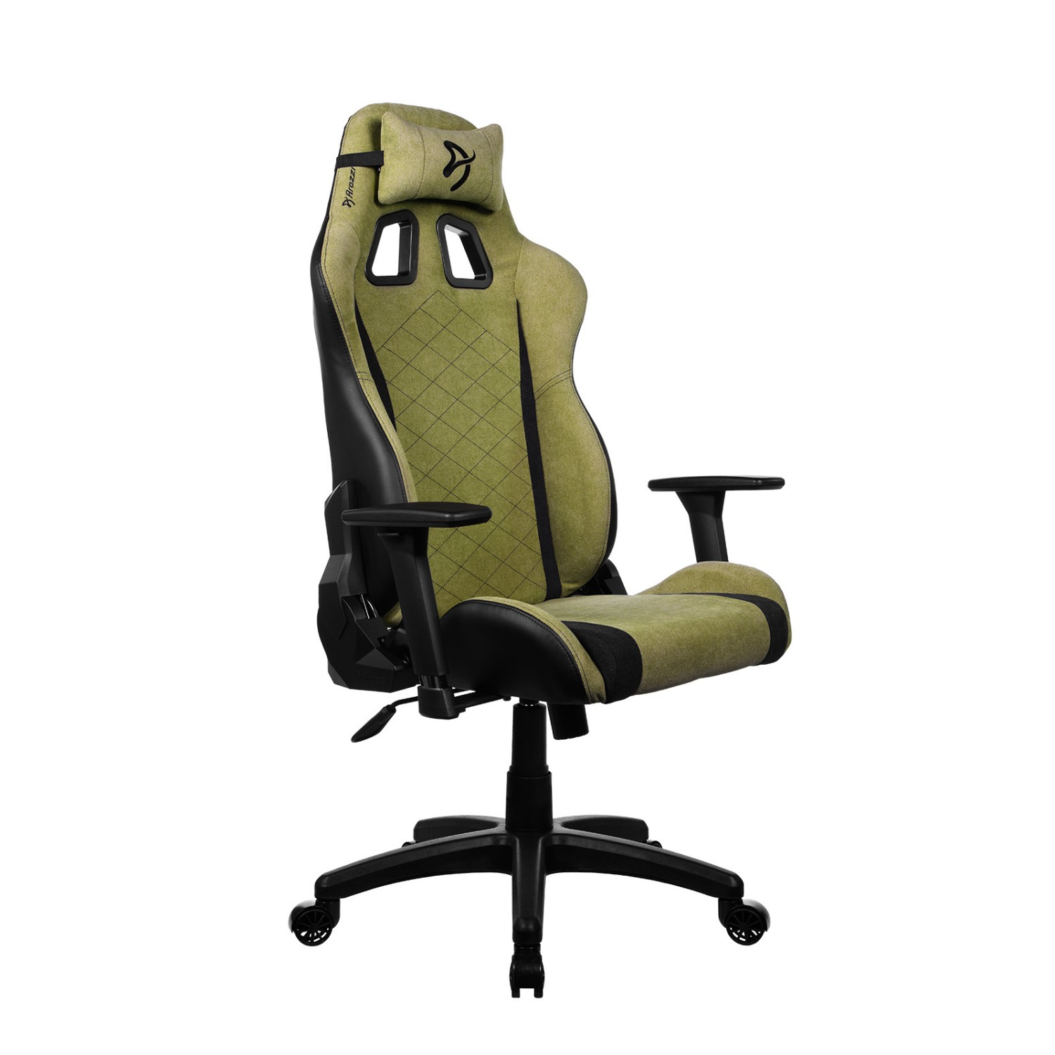 Een groene gamestoel met zwarte accenten en hoofdsteun, op witte achtergrond.