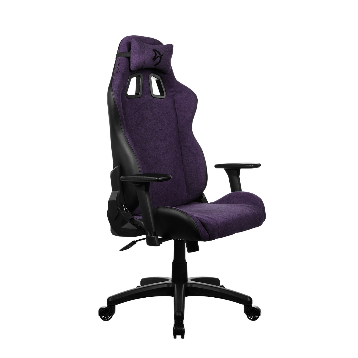Een paarse gamingstoel met zwarte lederen accenten en een hoofdsteun.