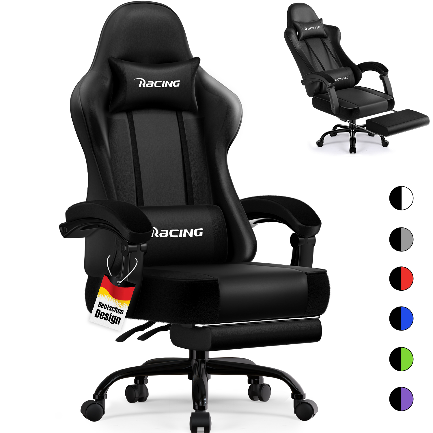 Schwarzer Gaming-Stuhl mit ausziehbarer Fußstütze und Kopfkissen.