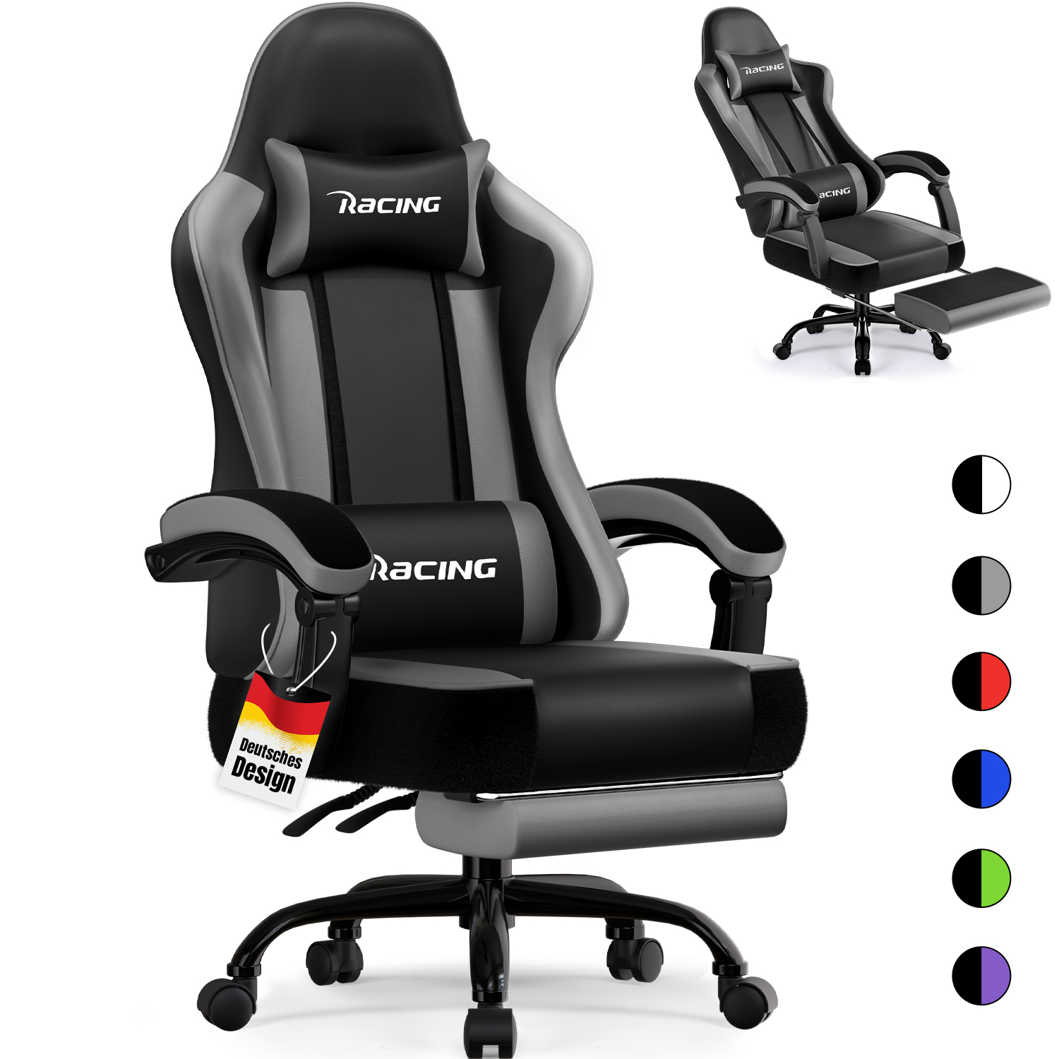 Ein schwarzer und grauer Gaming-Stuhl mit ausziehbarem Fußstütze und Kissen.