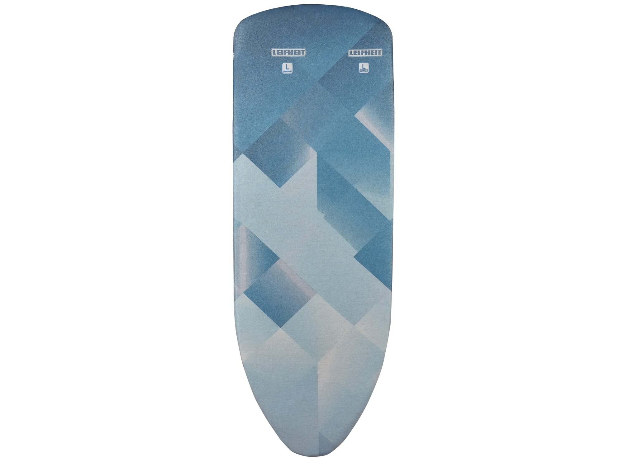 Housse de table à repasser avec un motif géométrique bleu et gris.