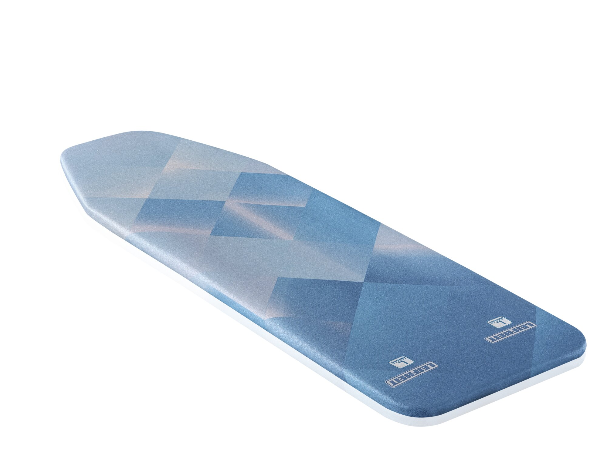 Une planche à repasser avec un motif géométrique bleu sur fond blanc.