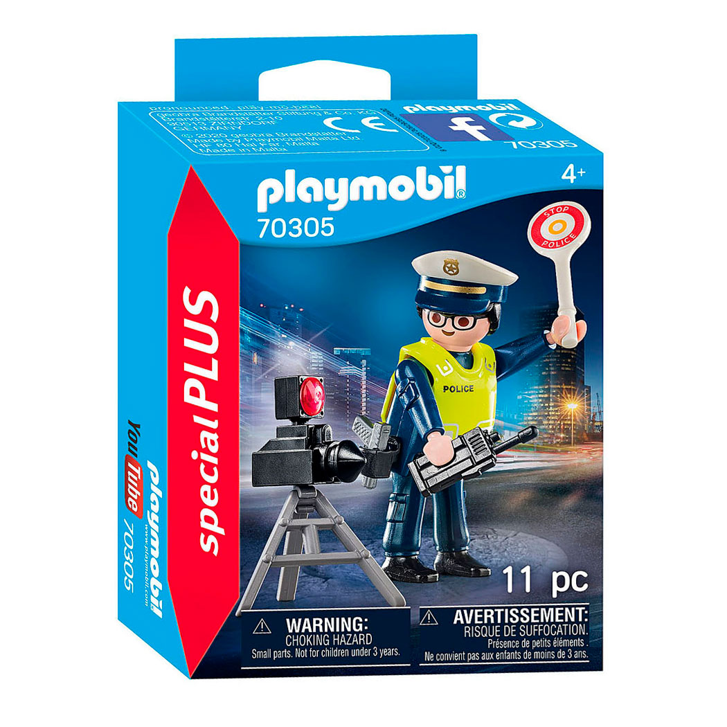 Set Playmobil police avec figurine, radar et panneau stop sur boîte. 11 p.
