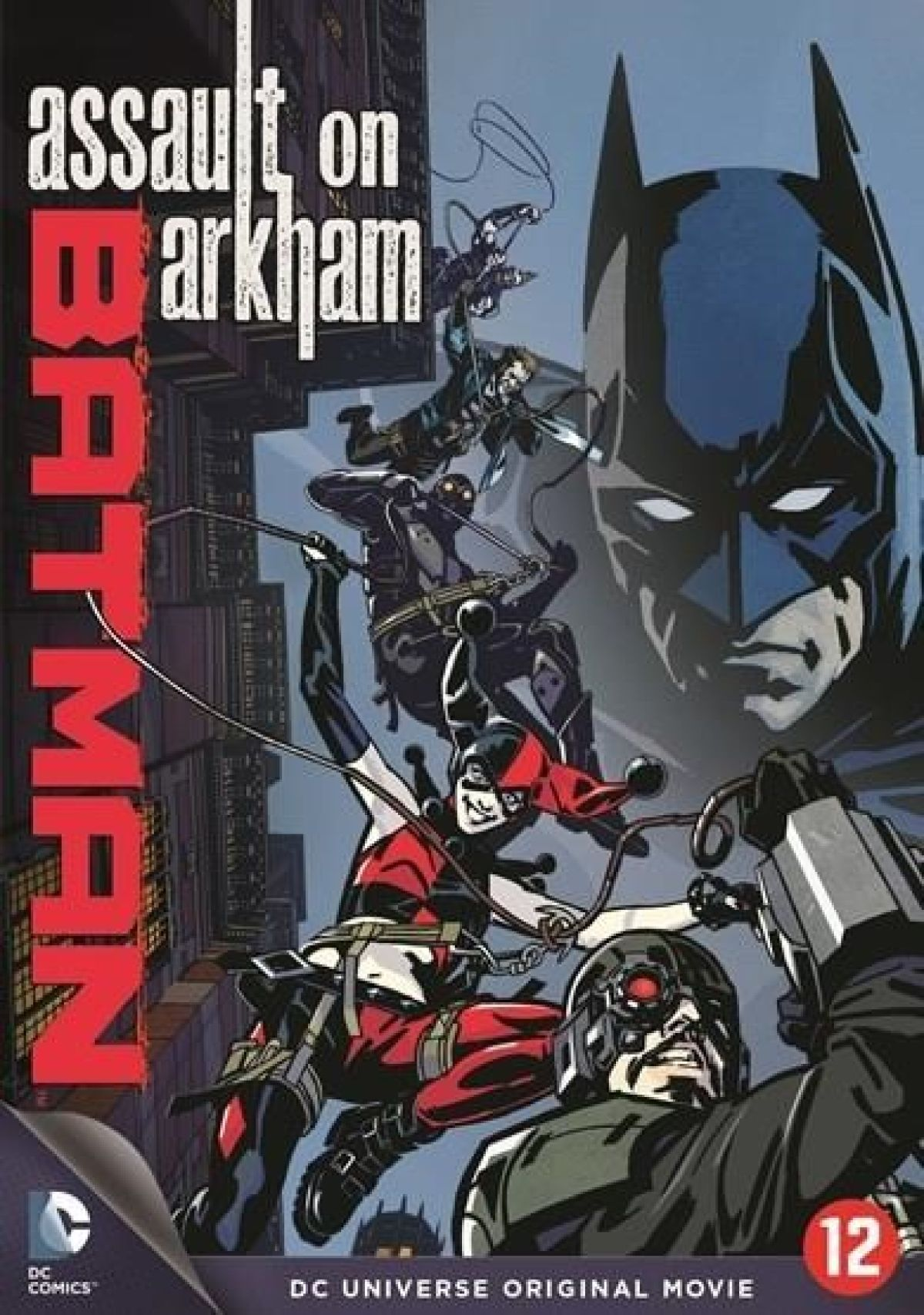 Batman, Harley Quinn & anderen vechten in het donker. DC Comics logo.
