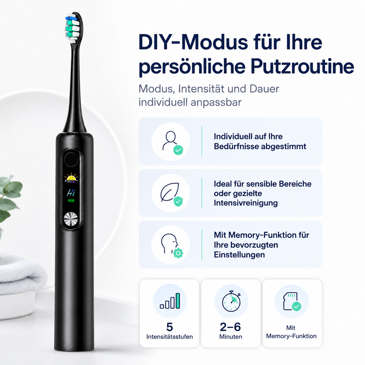 Schwarze elektrische Zahnbürste mit Display, die 5 Intensitätsstufen, 2-6 Min. und Memory-Funktion bietet.