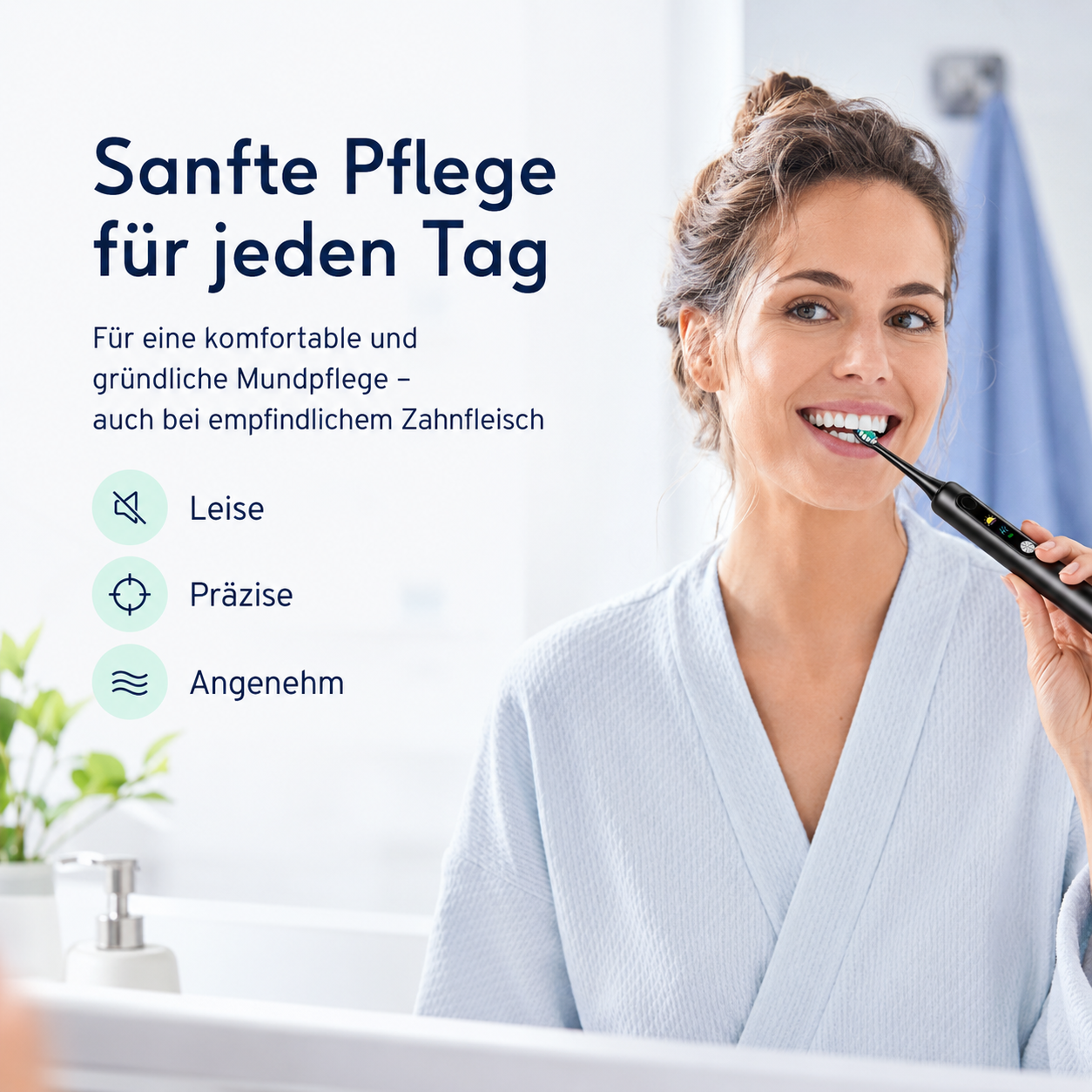 Eine Frau putzt sich die Zähne mit einer elektrischen Zahnbürste.