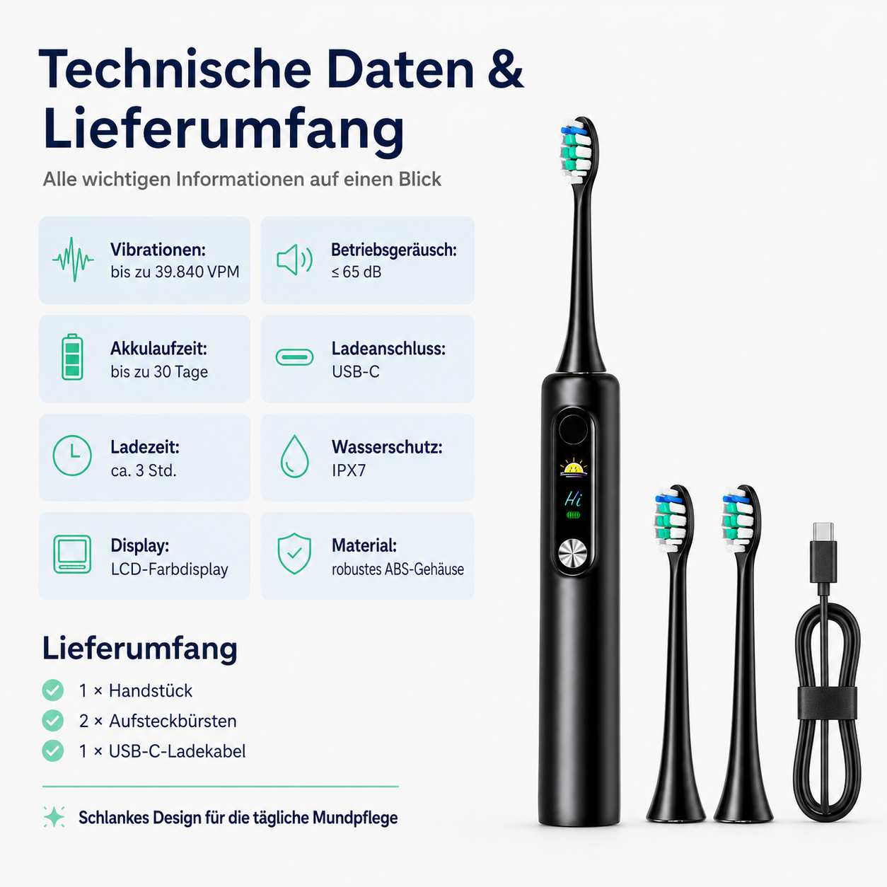 Ein schwarzes elektrisches Zahnbürsten-Set mit drei Aufsätzen und einem Ladekabel.