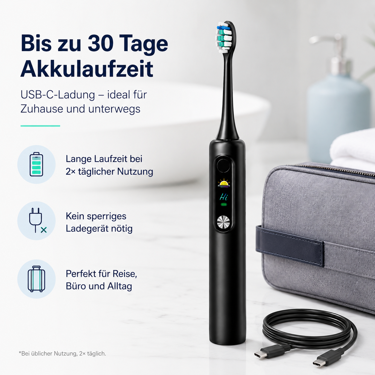 Schwarze Zahnbürste mit USB-C, Ladekabel, Reiseetui und Text.