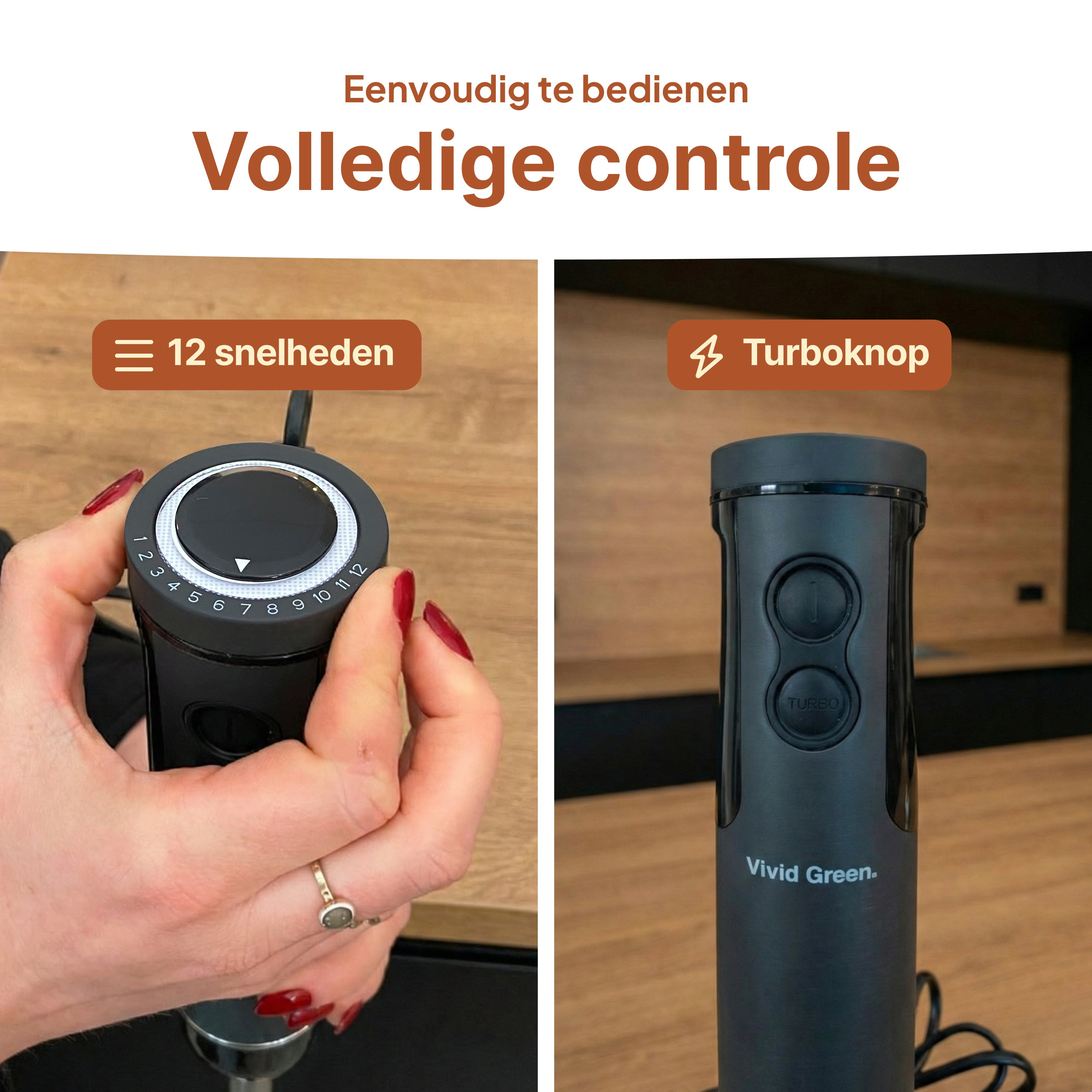 A black immersion blender with 12 speeds and a turbo button.