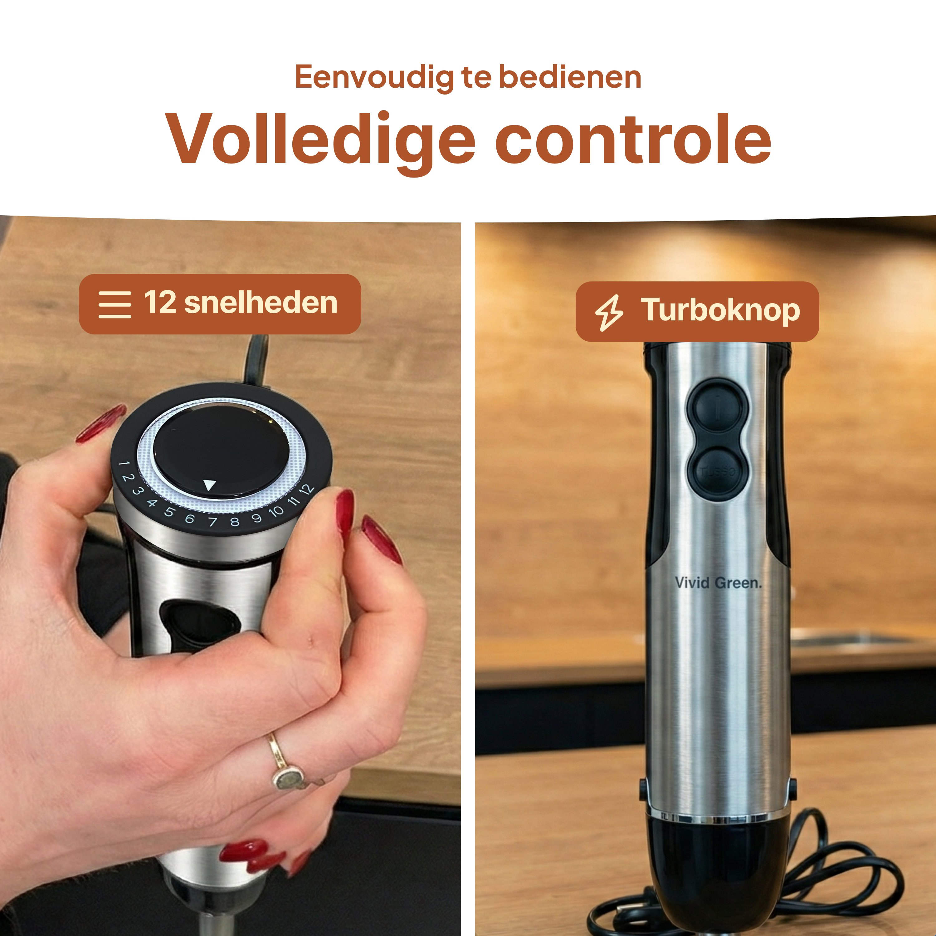 Een staafmixer met 12 snelheden en turboknop. Snelheid wordt links ingesteld.