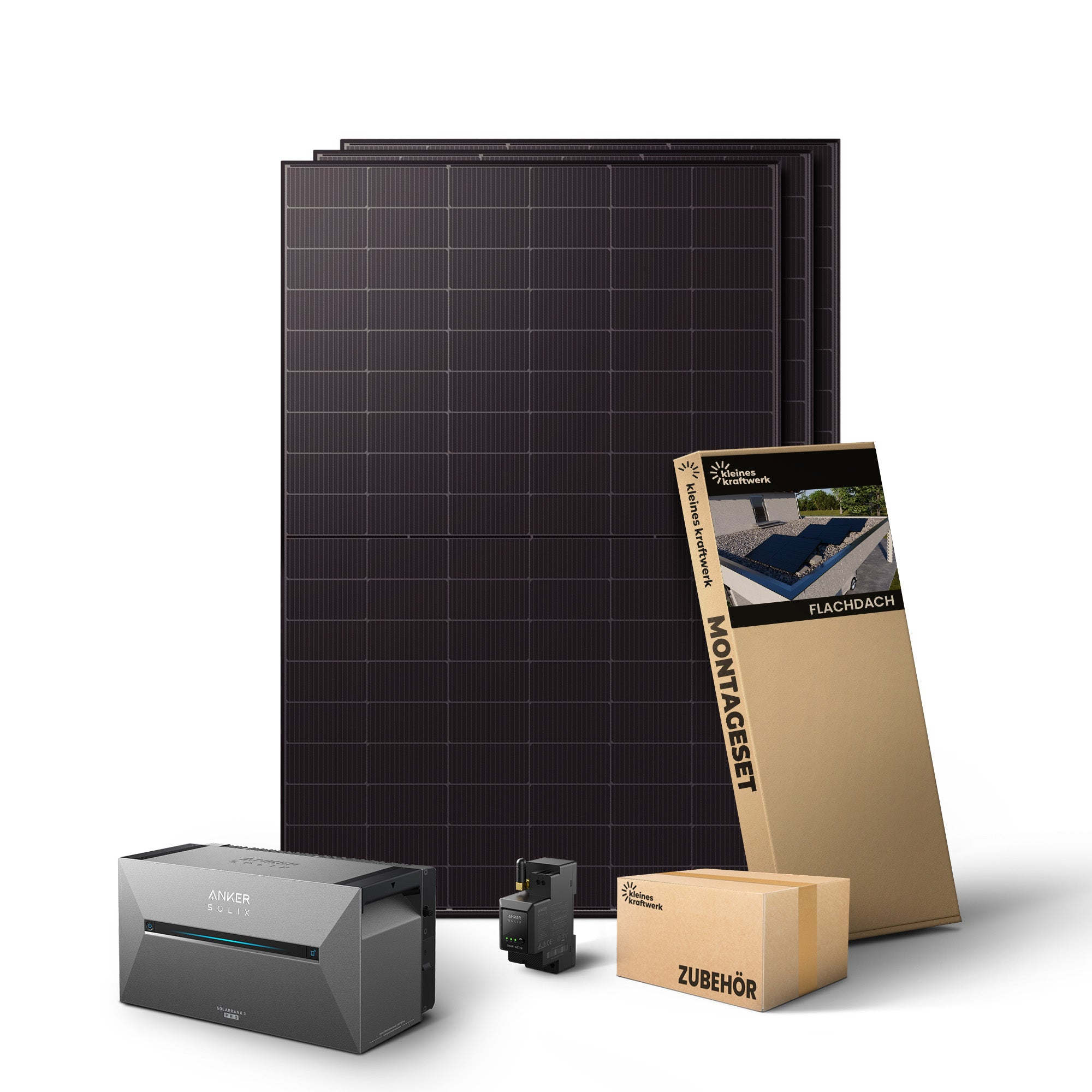 Solarmodule, ein Anker Solix Solarbank Pro und Zubehör auf weißem Hintergrund.