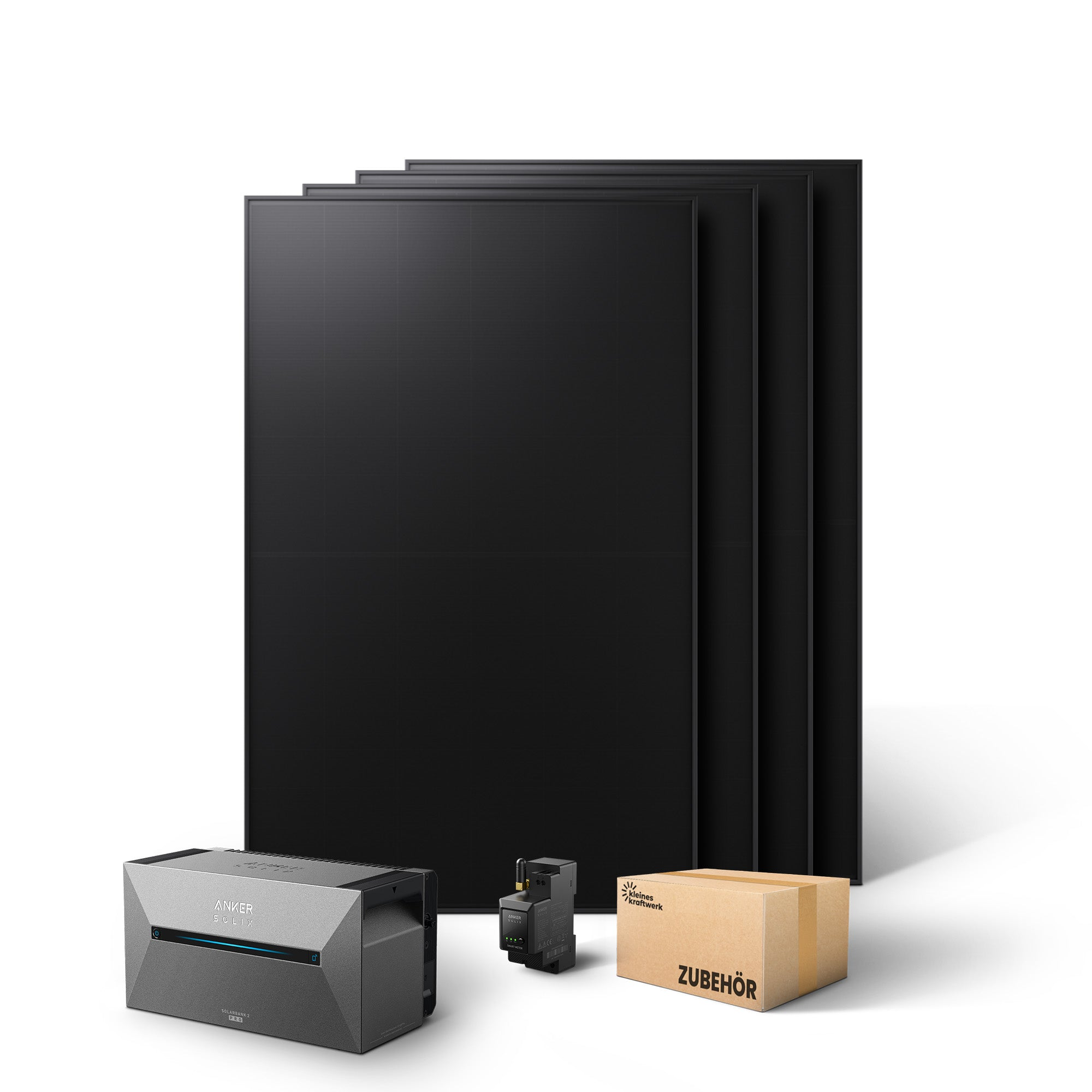 Drei schwarze Solarmodule hinter einem Wechselrichter, einem Smart Meter und einem Zubehörkarton.