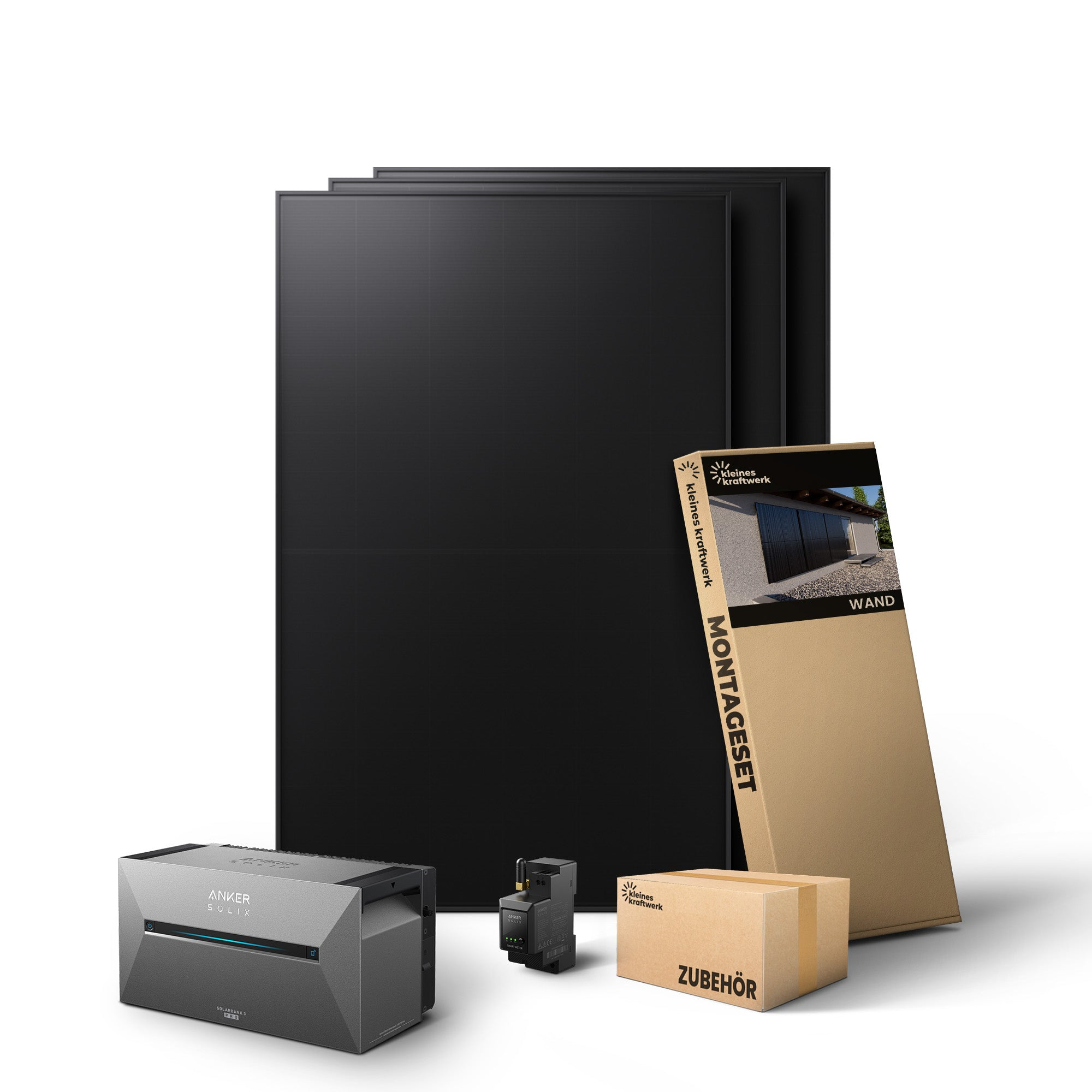 Drei schwarze Solarmodule, ein grauer Stromspeicher und zwei Kartons.