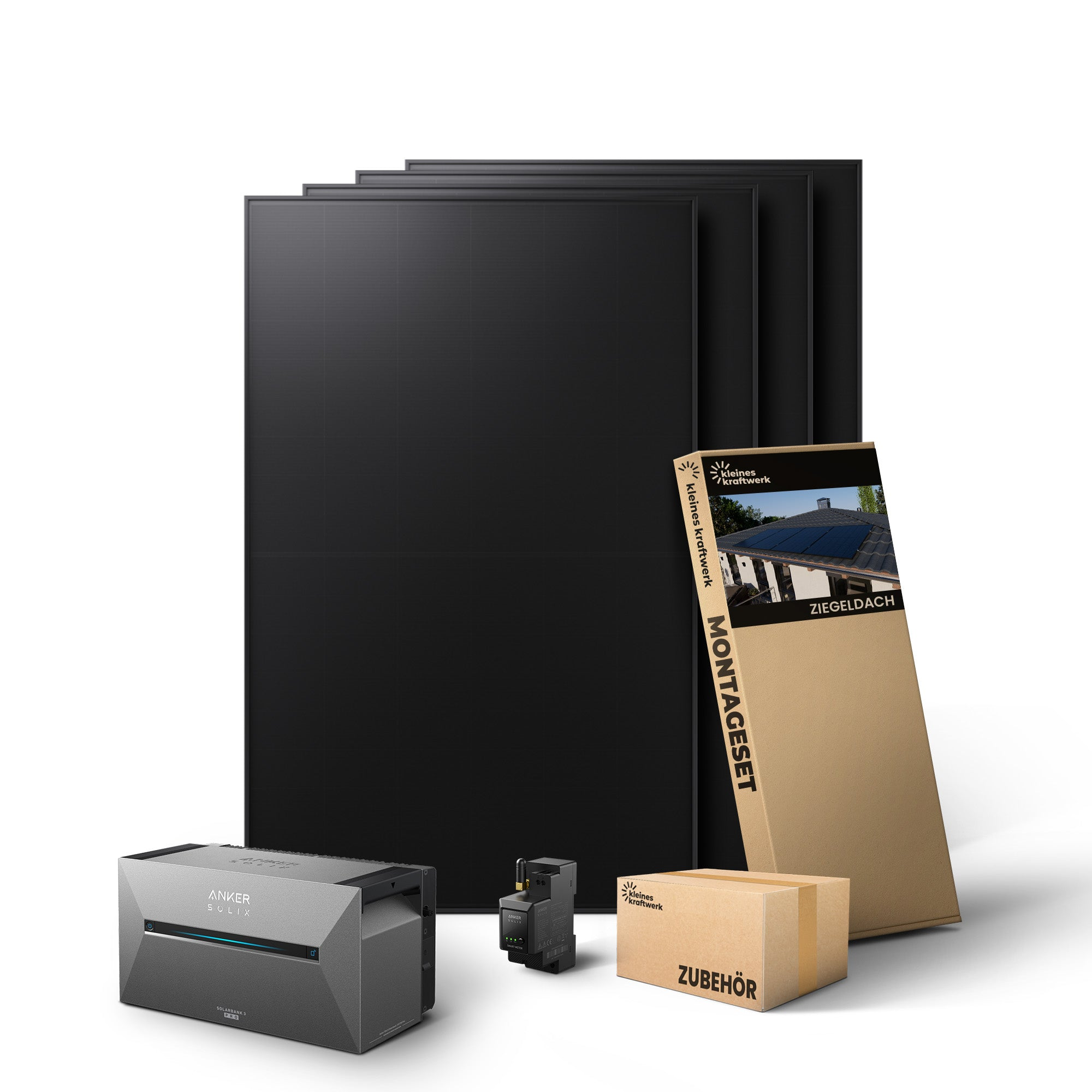 Schwarze Solarmodule, ein Anker Solix Solarbank, Smart Meter und Zubehörkartons.