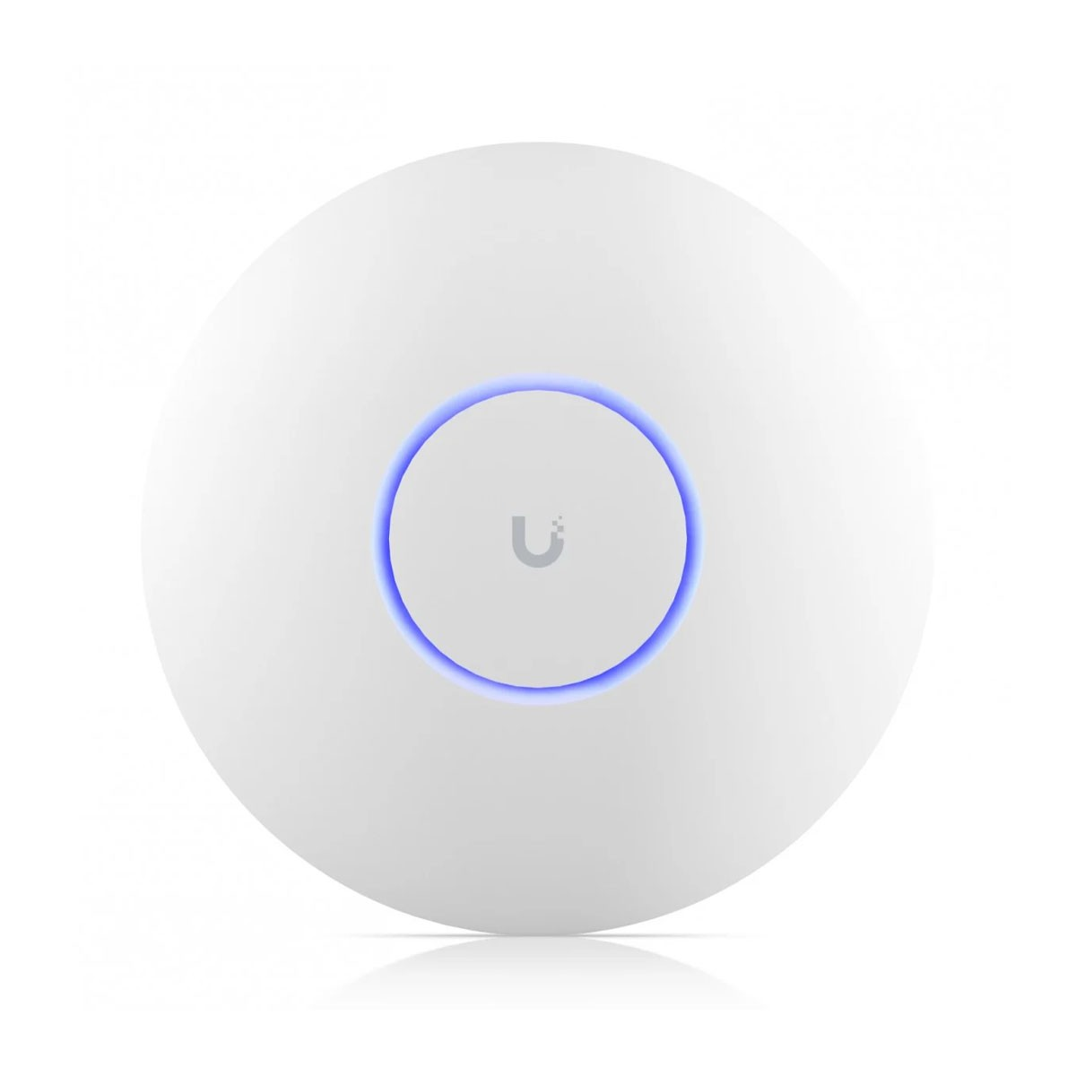 Un punto di accesso Wi-Fi bianco e rotondo con un anello blu luminoso e logo U.