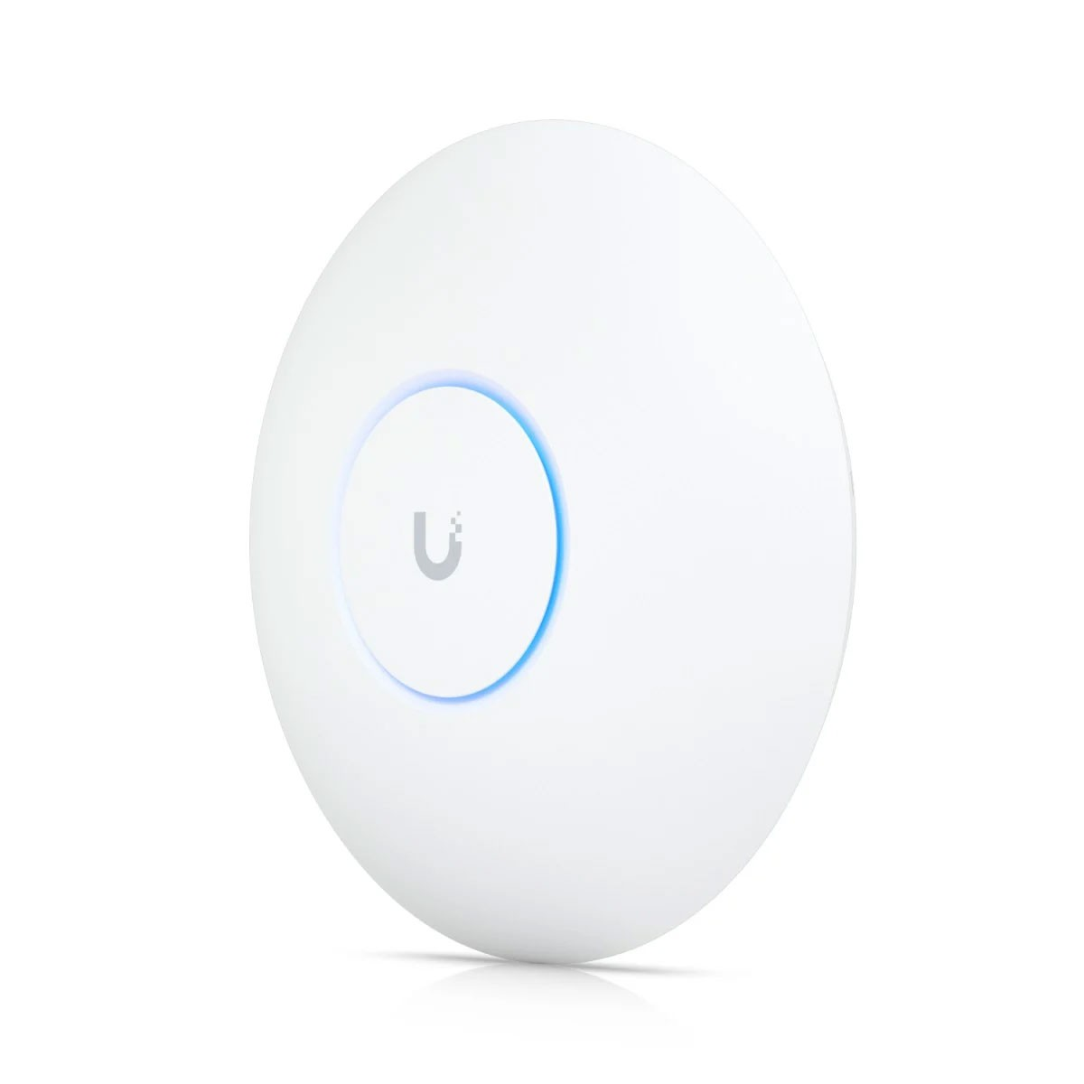 Un punto di accesso Wi-Fi bianco e rotondo con anello luminoso blu e logo.