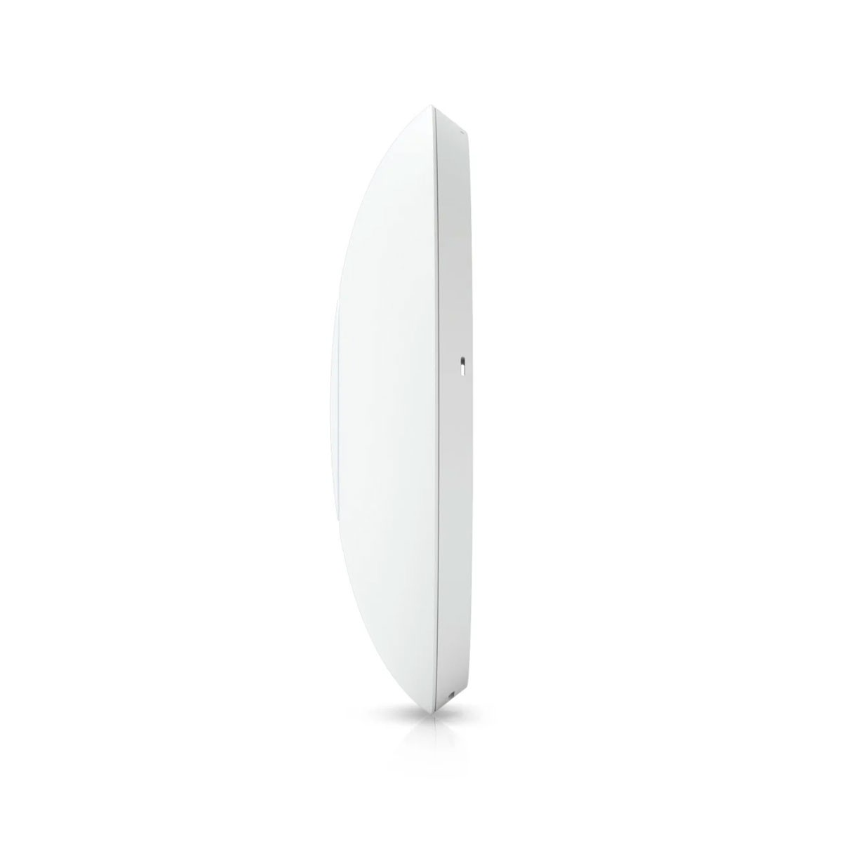 Un dispositivo bianco e rotondo con un lato piatto, su sfondo bianco.
