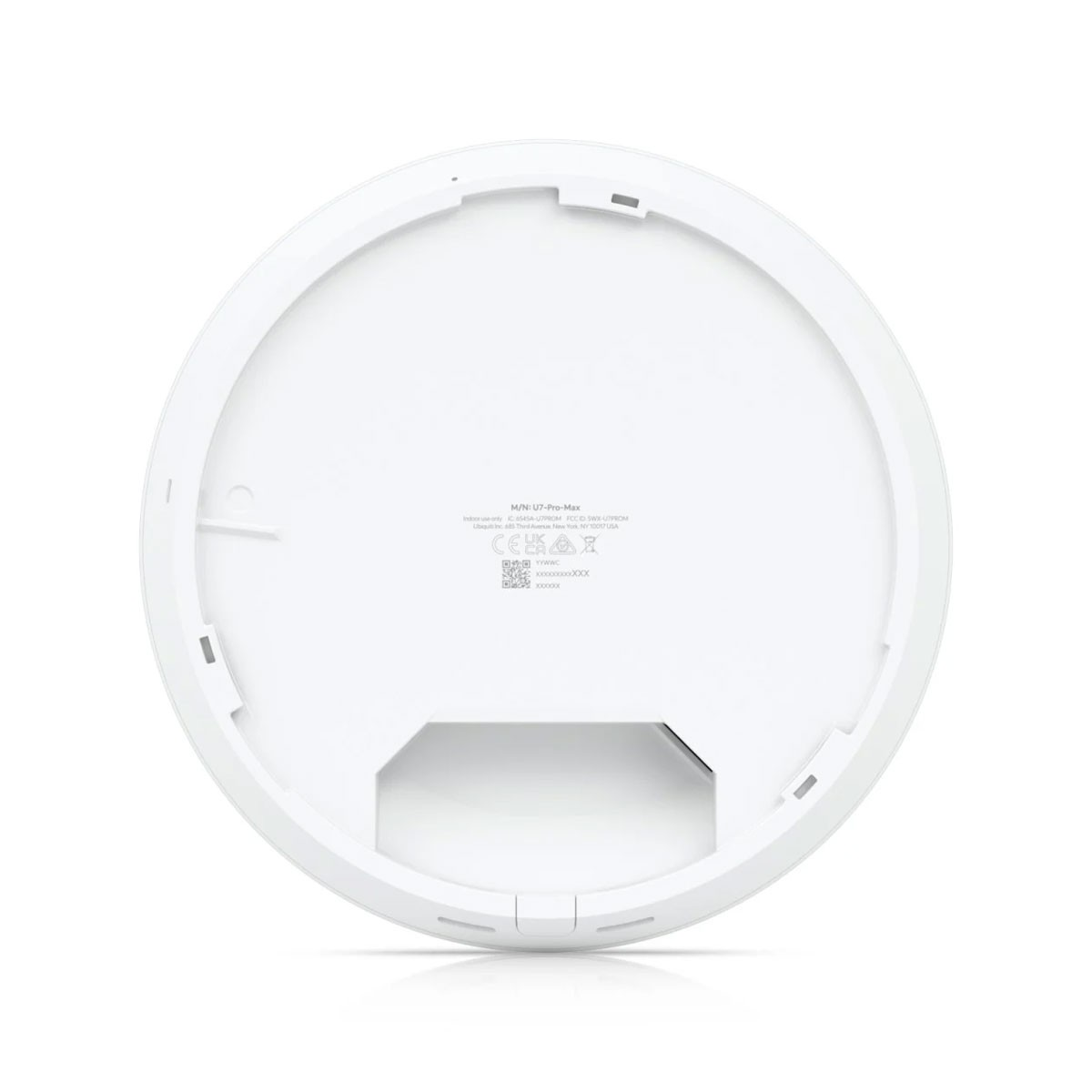 Dispositivo bianco rotondo, vista posteriore, con info modello e marchi.