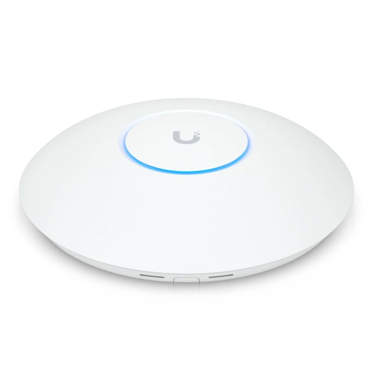 Un punto di accesso Wi-Fi bianco con anello blu illuminato e logo a U.