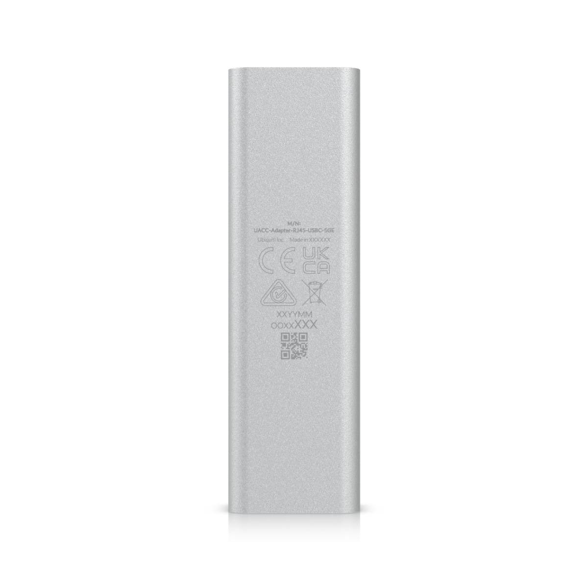 Adattatore argentato con marchi CE, UKCA e codice QR. Modello: UACC-Adapter-RJ45-USBC-SGE.
