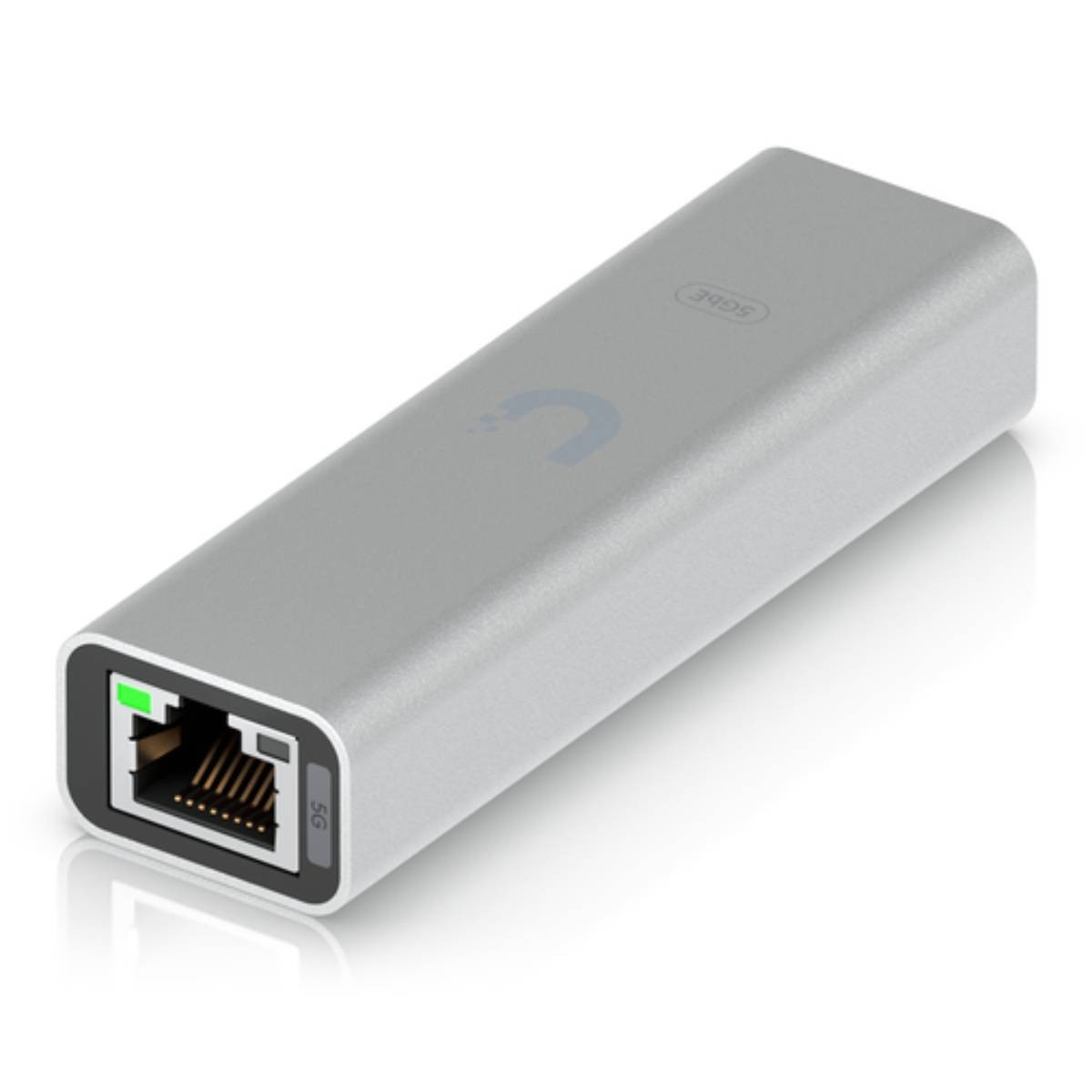 Adattatore di rete argentato con porta RJ45 e luce verde.