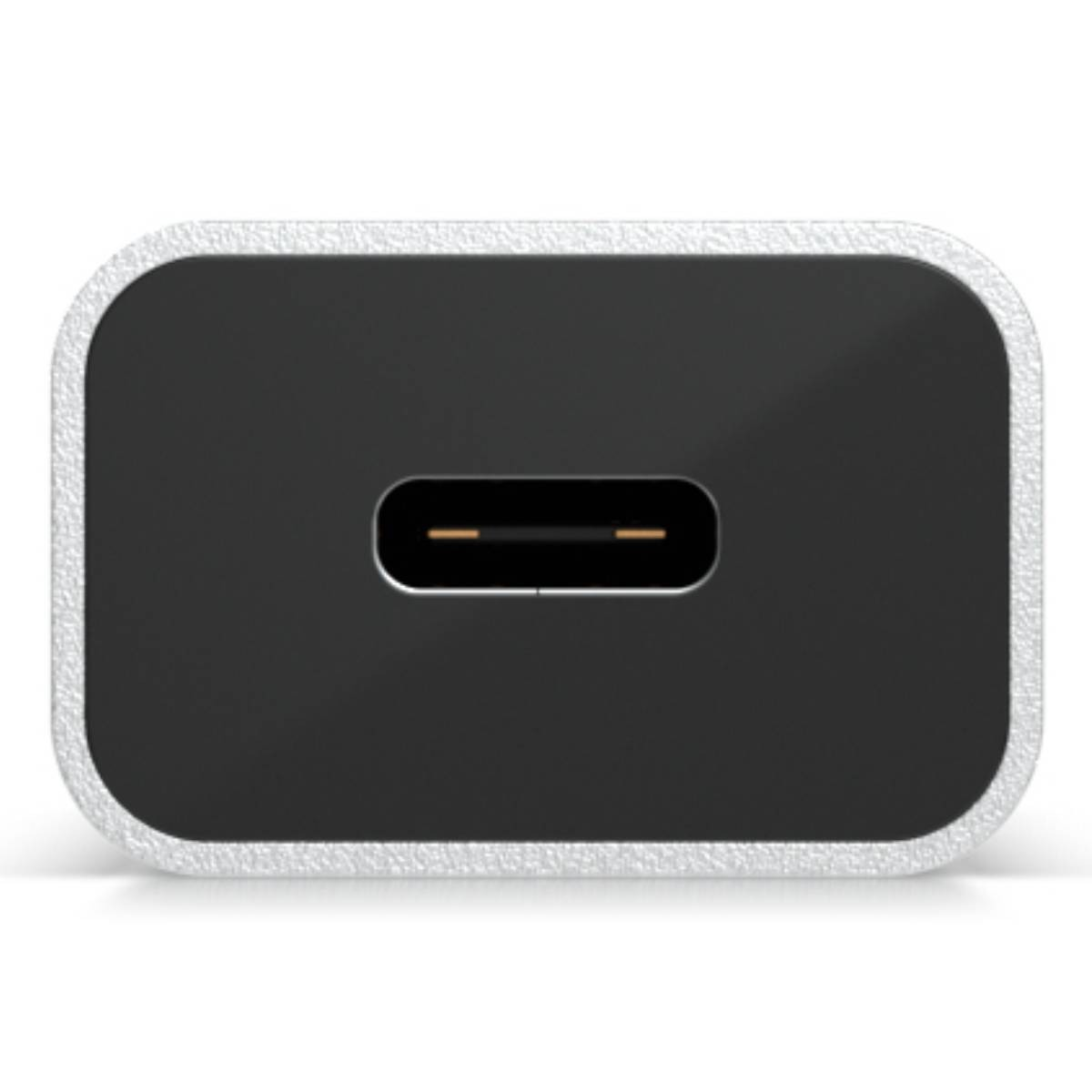 Una porta USB-C nera con bordo argentato su sfondo bianco.