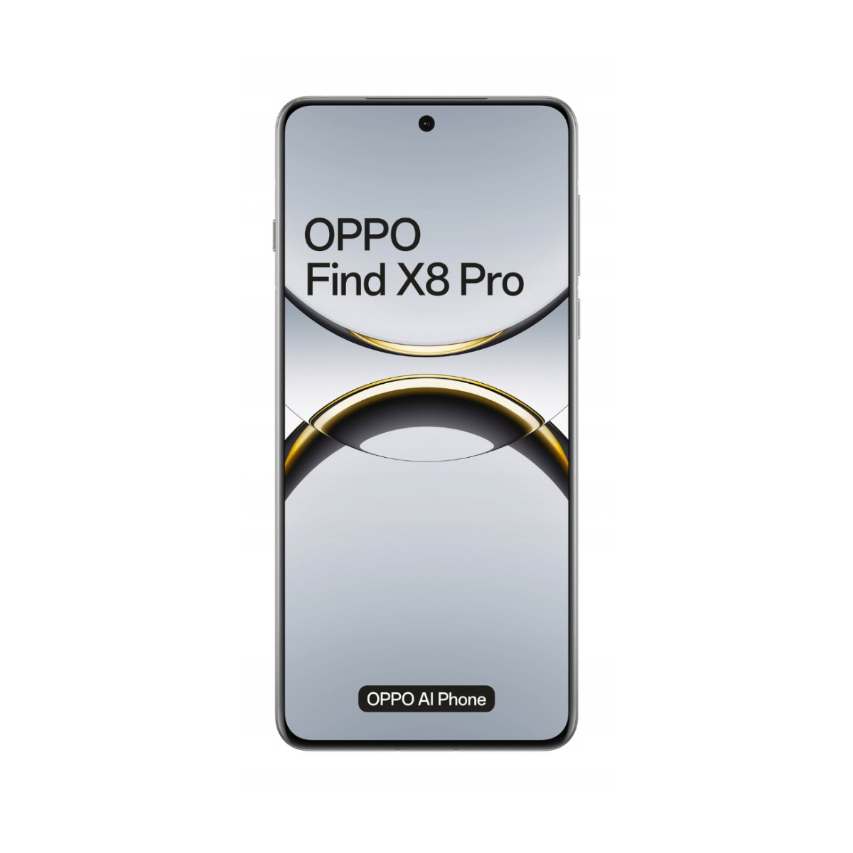 Uno smartphone OPPO Find X8 Pro con sfondo argento e anelli dorati.