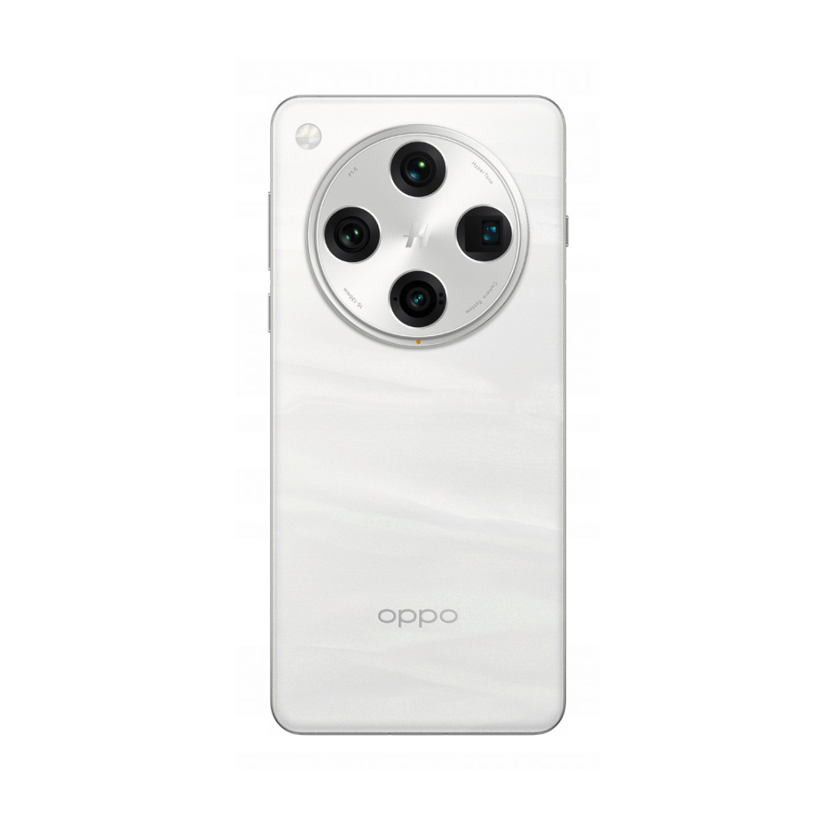 Il retro di uno smartphone bianco con modulo fotocamera rotondo e logo Oppo.