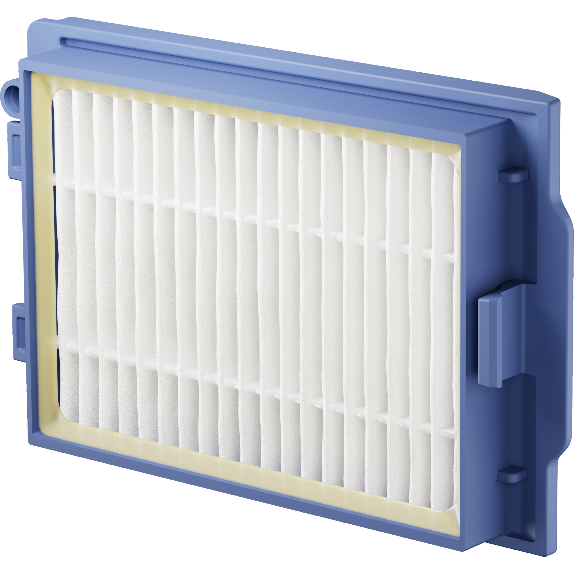 Un marco azul rodea un filtro blanco plisado con sello amarillo.