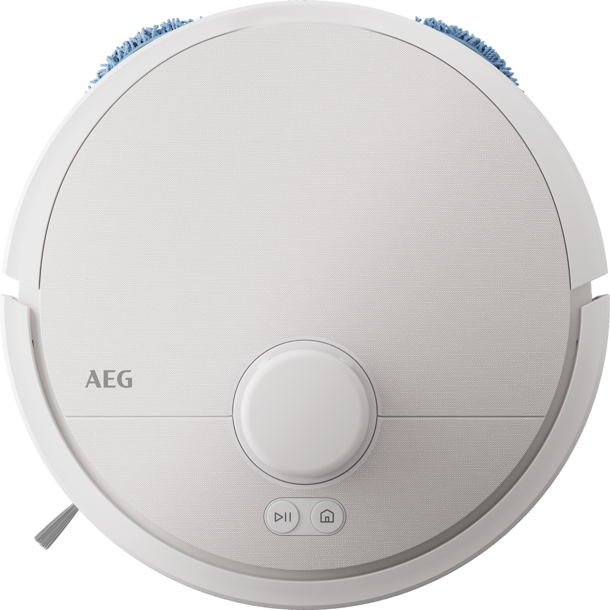 Un robot aspirador blanco y redondo con cepillos azules arriba y logo AEG.