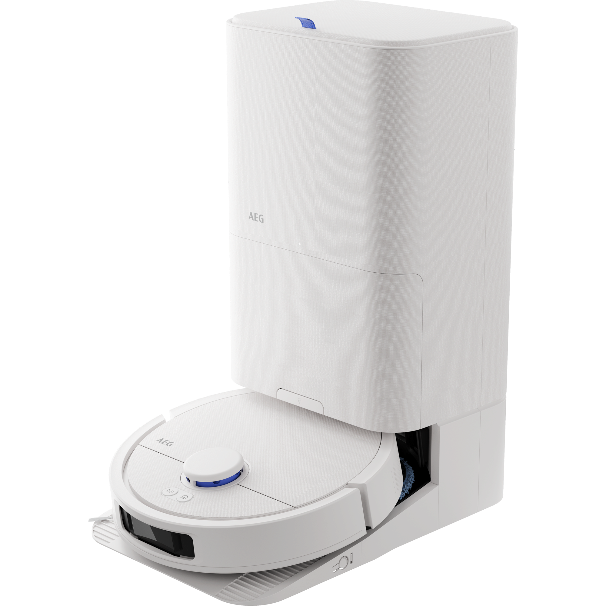 Un robot aspirador blanco con estación de carga y detalles azules.