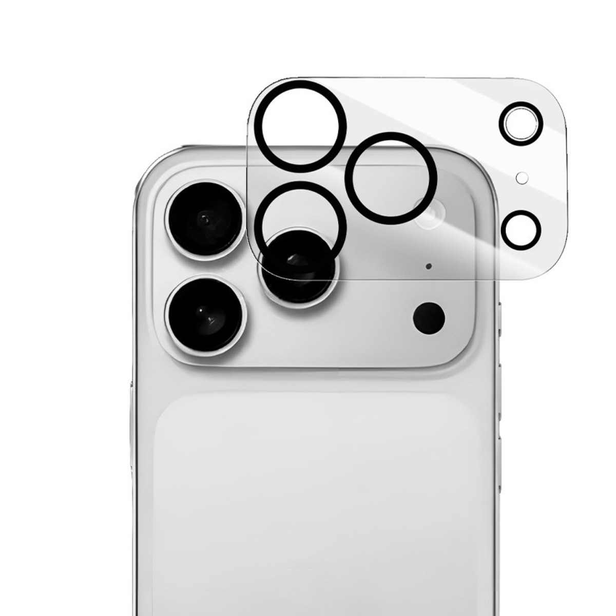 Pellicola protettiva con cerchi sul modulo fotocamera di uno smartphone bianco.