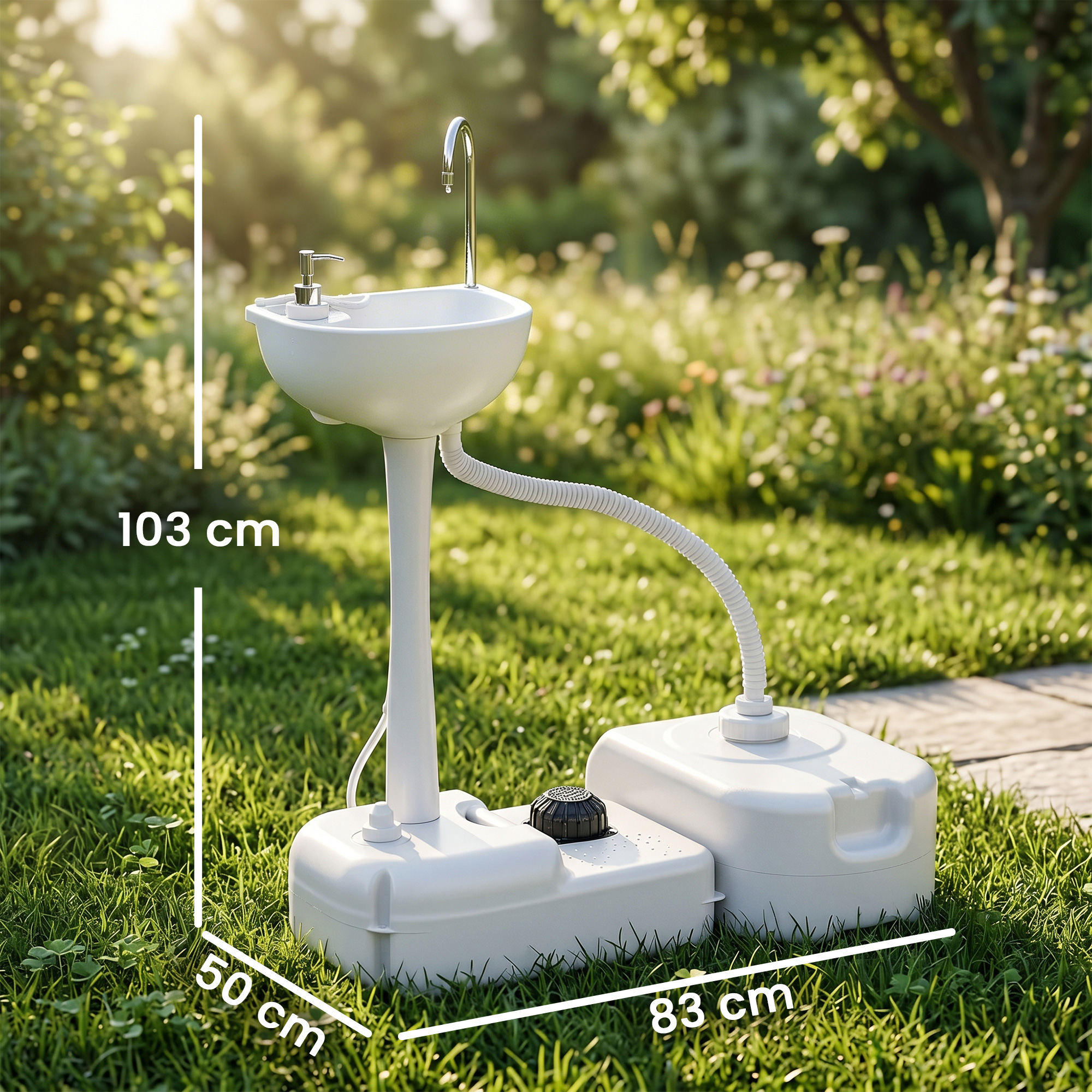 Un lavabo bianco autoportante con rubinetto e due serbatoi all'aperto.