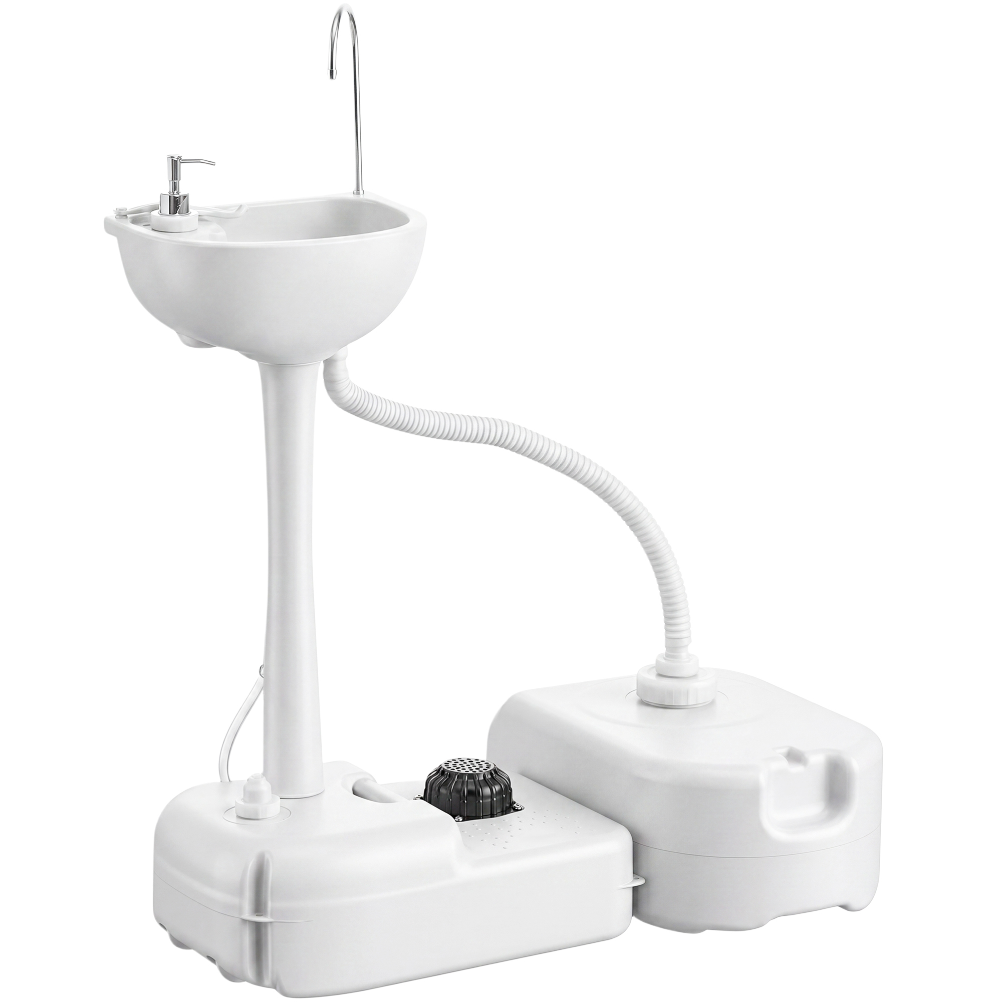 Un lavandino portatile bianco con dispenser di sapone, rubinetto e due serbatoi.