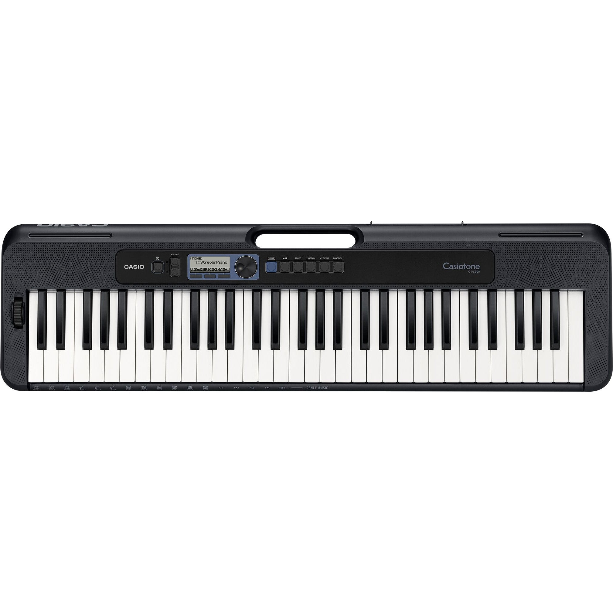 Ein schwarzes Casio CT-S300 Keyboard mit weißen und schwarzen Tasten.
