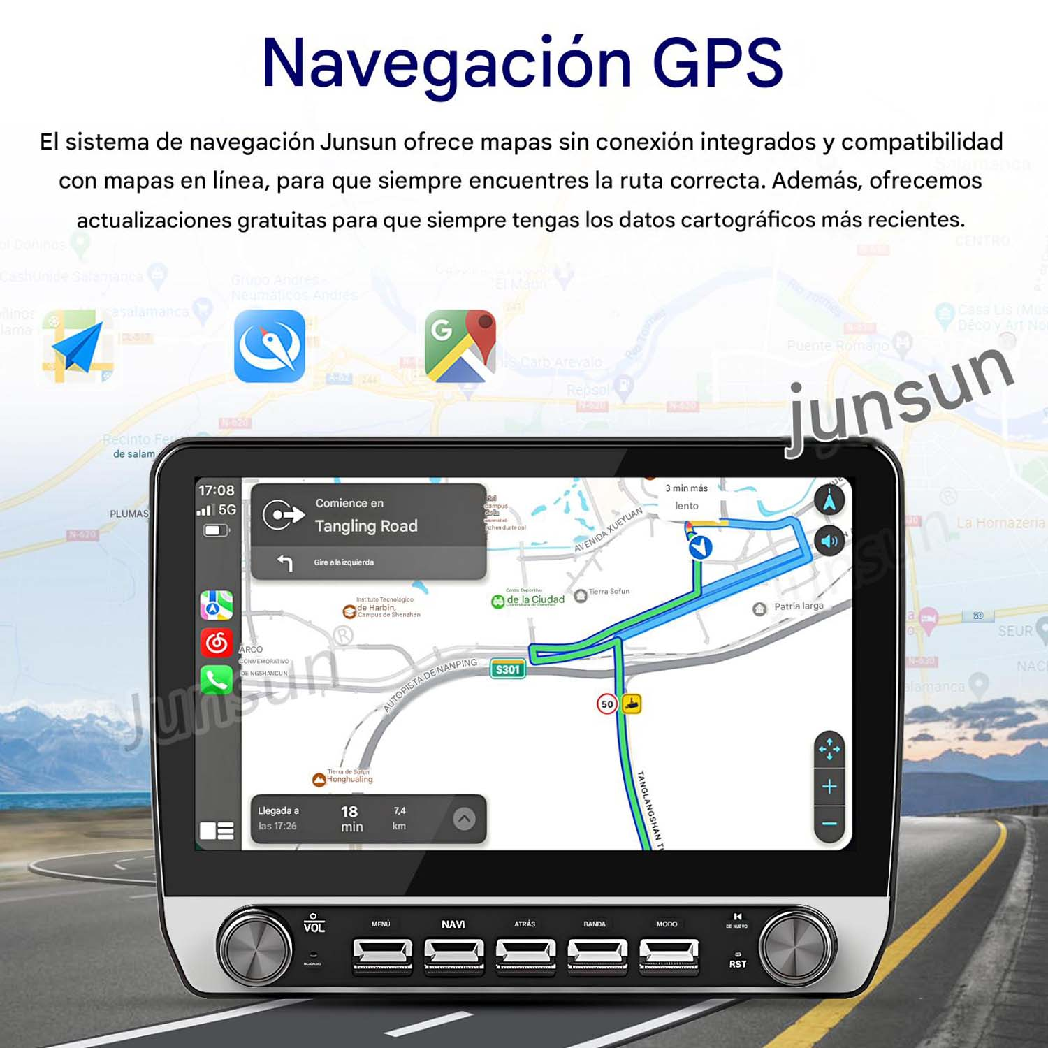 Un sistema de navegación GPS muestra un mapa con una ruta e información de conducción.
