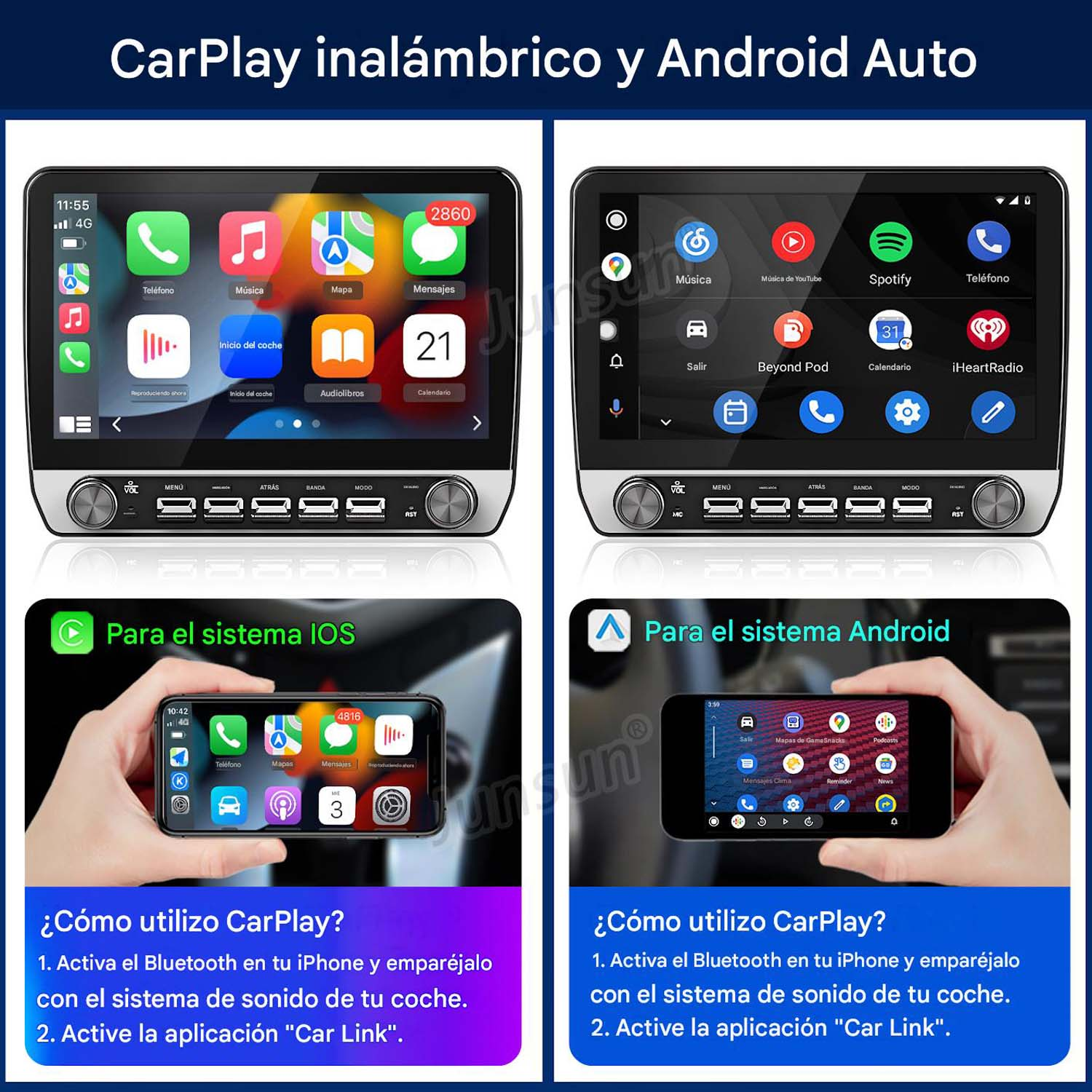 Dos sistemas de coche: CarPlay para iOS y Android Auto. Muestra iconos de apps e instrucciones.