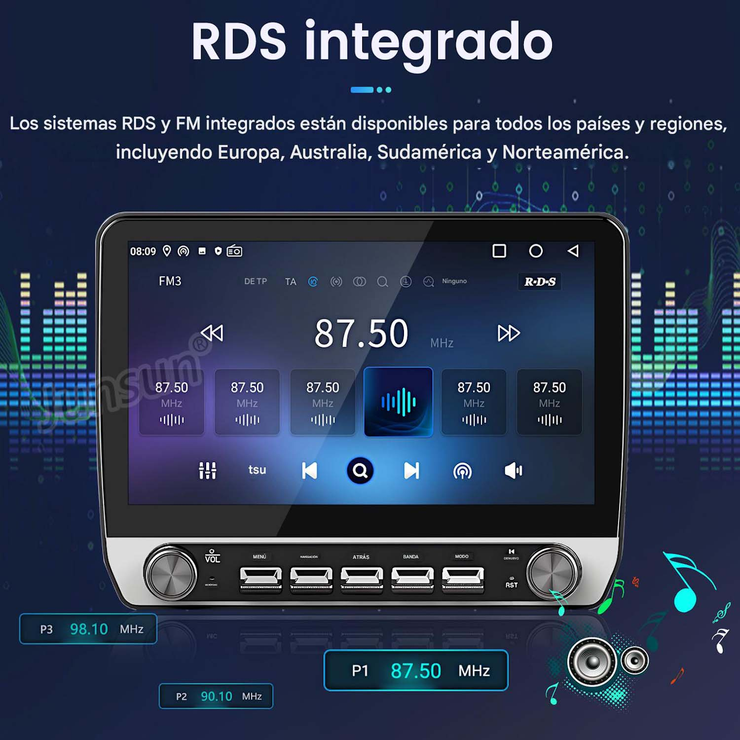 Una pantalla de radio de coche muestra emisoras RDS y FM con frecuencias como 87.50 MHz.