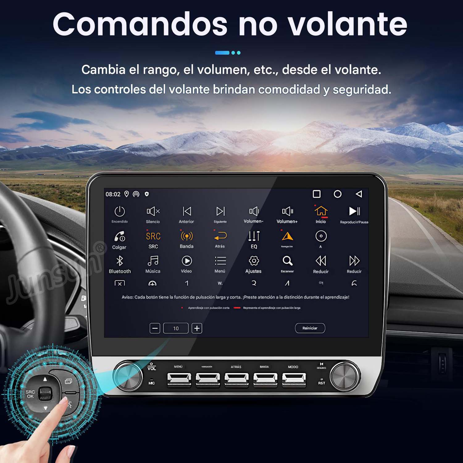 Un sistema de infoentretenimiento para automóvil con controles en el volante.