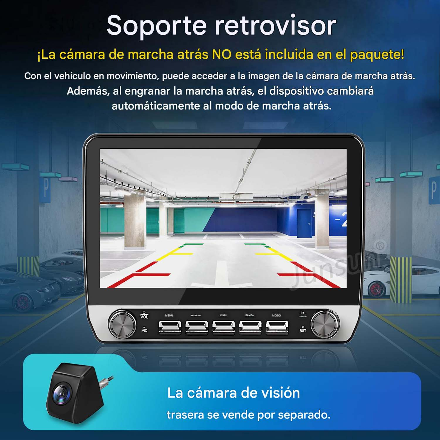Soporte de retrovisor con guía de aparcamiento en pantalla. Cámara separada.