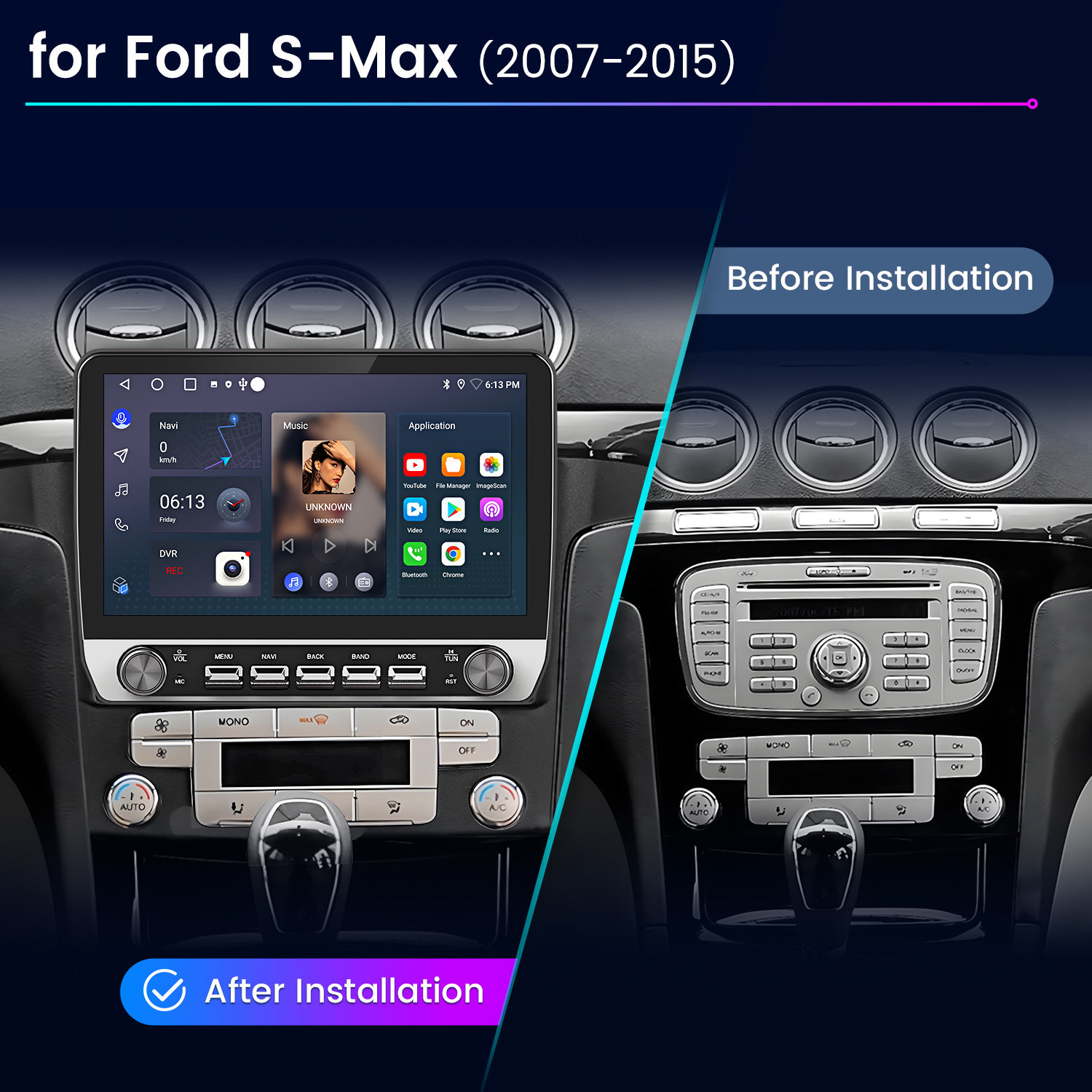 Comparación del salpicadero de un Ford S-Max: Antes y después de instalar un nuevo sistema de infoentretenimiento.