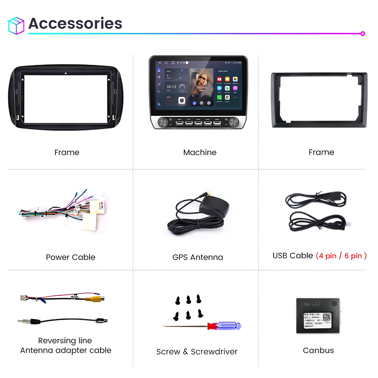 Accesorios: Marco, máquina, cable de alimentación, antena GPS, cable USB, línea de marcha atrás, destornillador, Canbus.