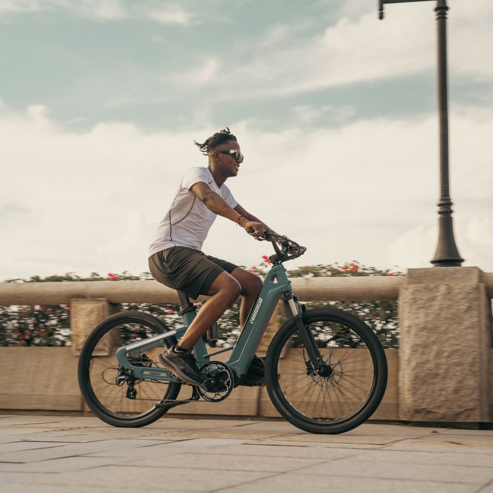 Un hombre monta una bicicleta eléctrica verde azulado en una acera con farola y arbustos.