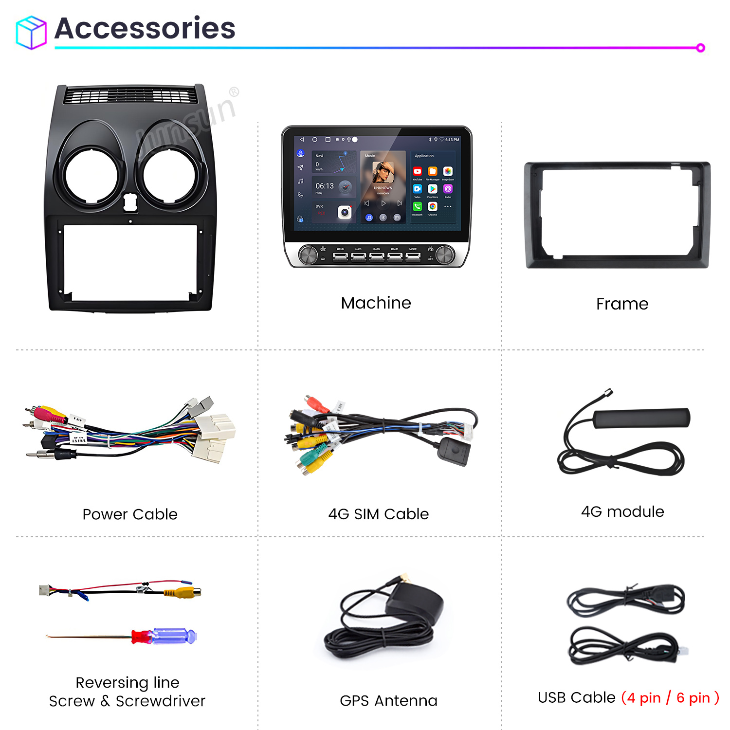 Accesorios: Marco tablero, máquina, cables, antena, USB, destornillador.