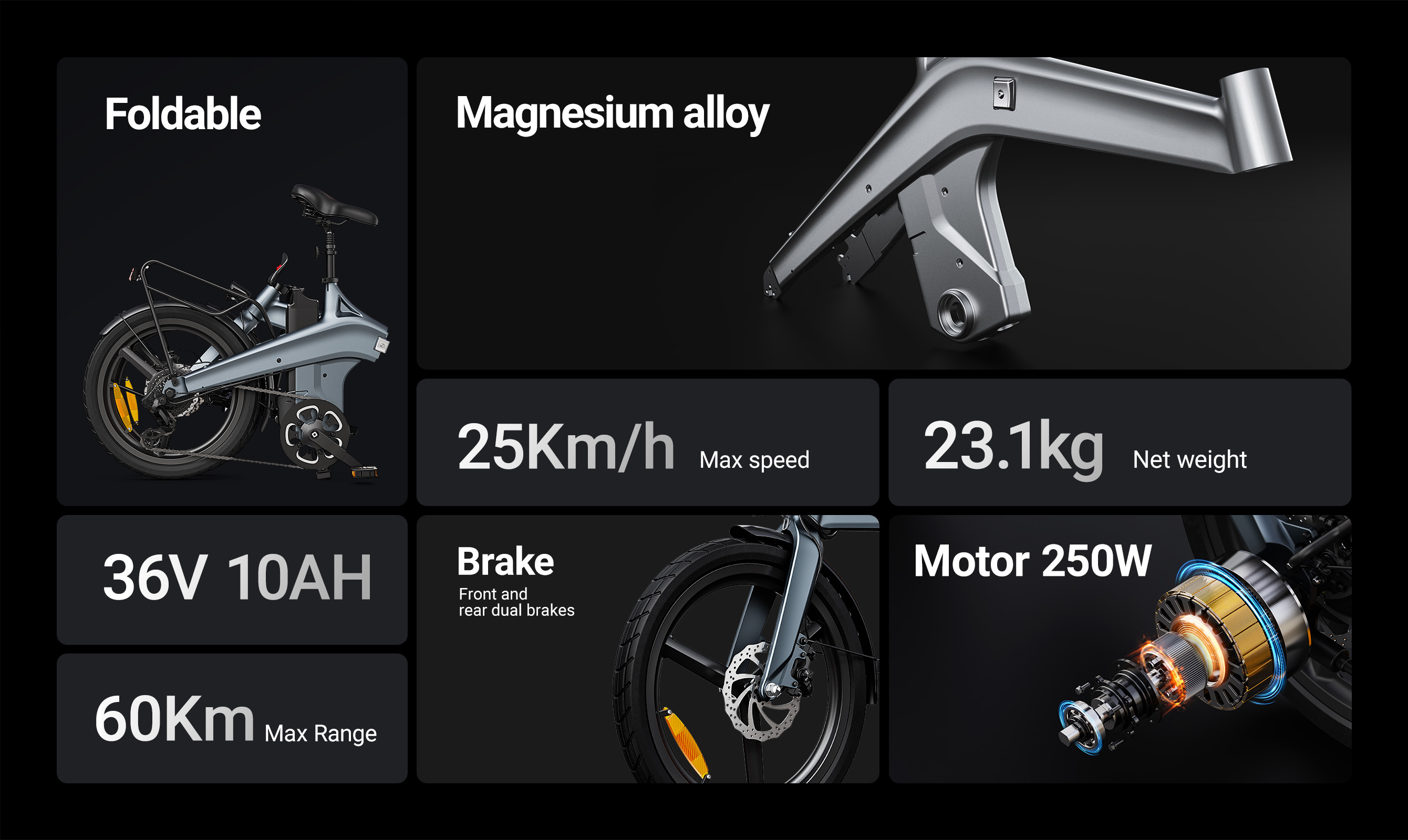 Una bicicleta eléctrica plegable de aleación de magnesio, 25 km/h máx., 23,1 kg.