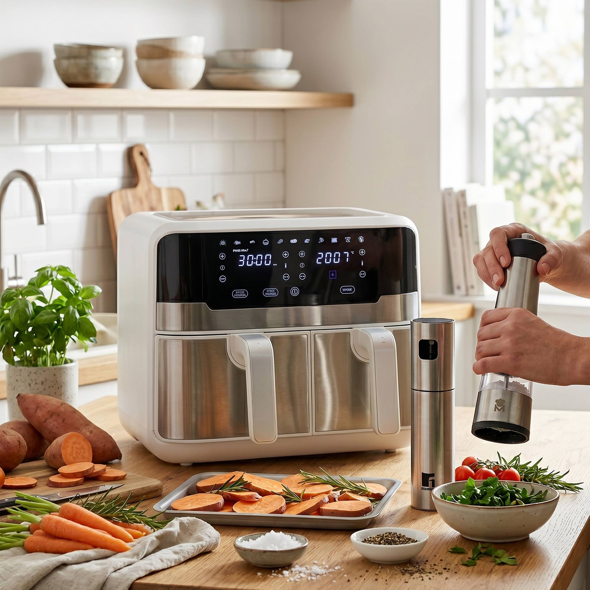 Una freidora de aire blanca moderna de doble cámara sobre una encimera de cocina. Ingredientes como batatas, zanahorias, hierbas y tomates están listos.