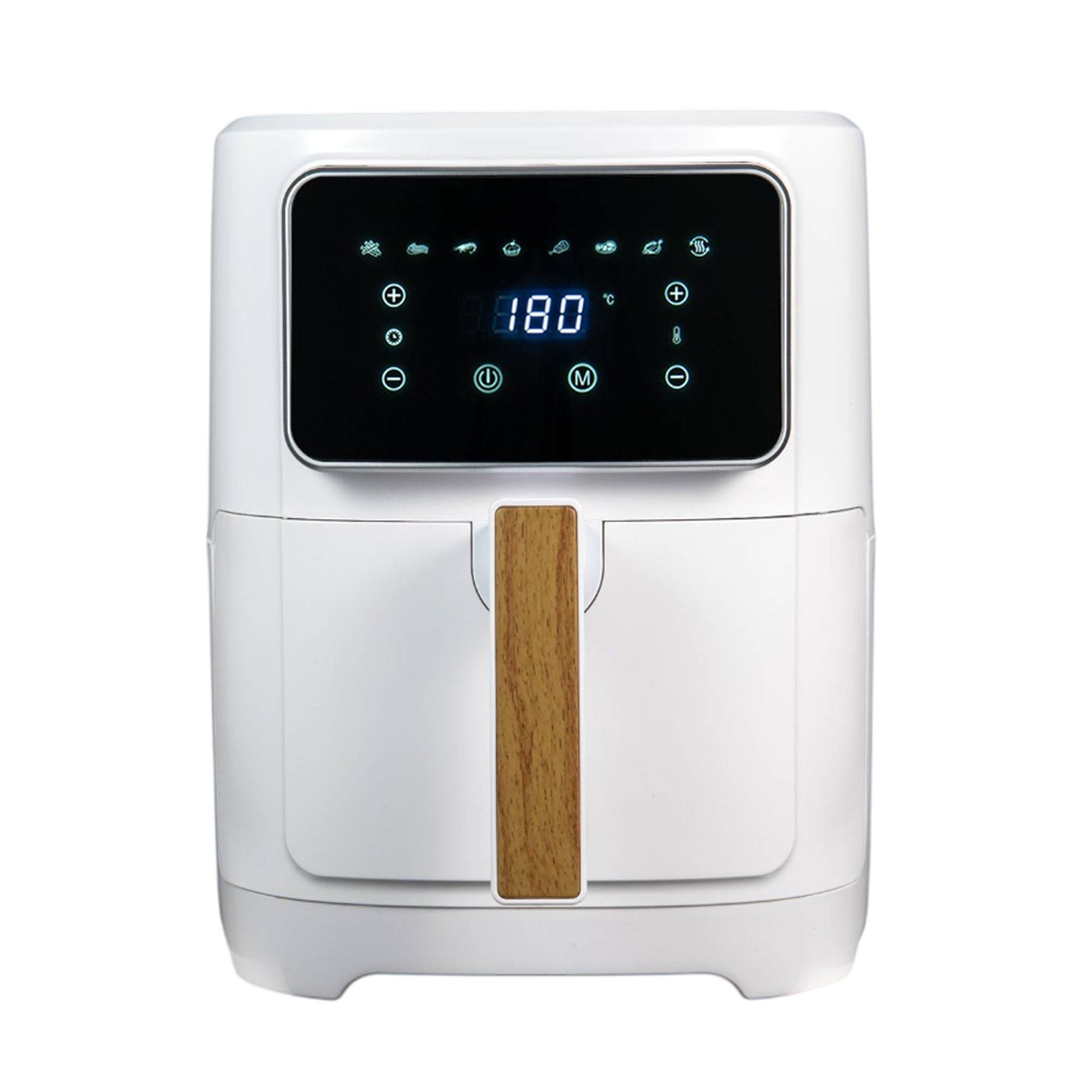 Freidora de aire blanca con mango de madera y pantalla digital que muestra 180°C.