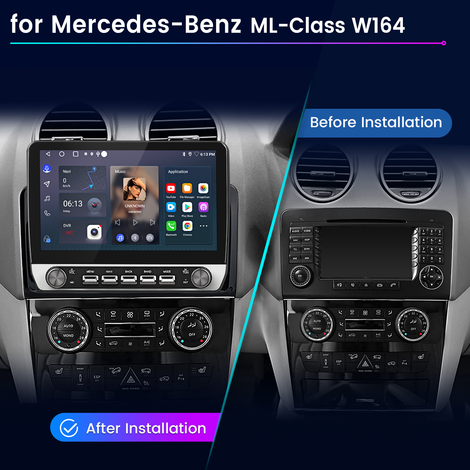 Confronto prima e dopo di un sistema di infotainment per auto Mercedes ML W164.