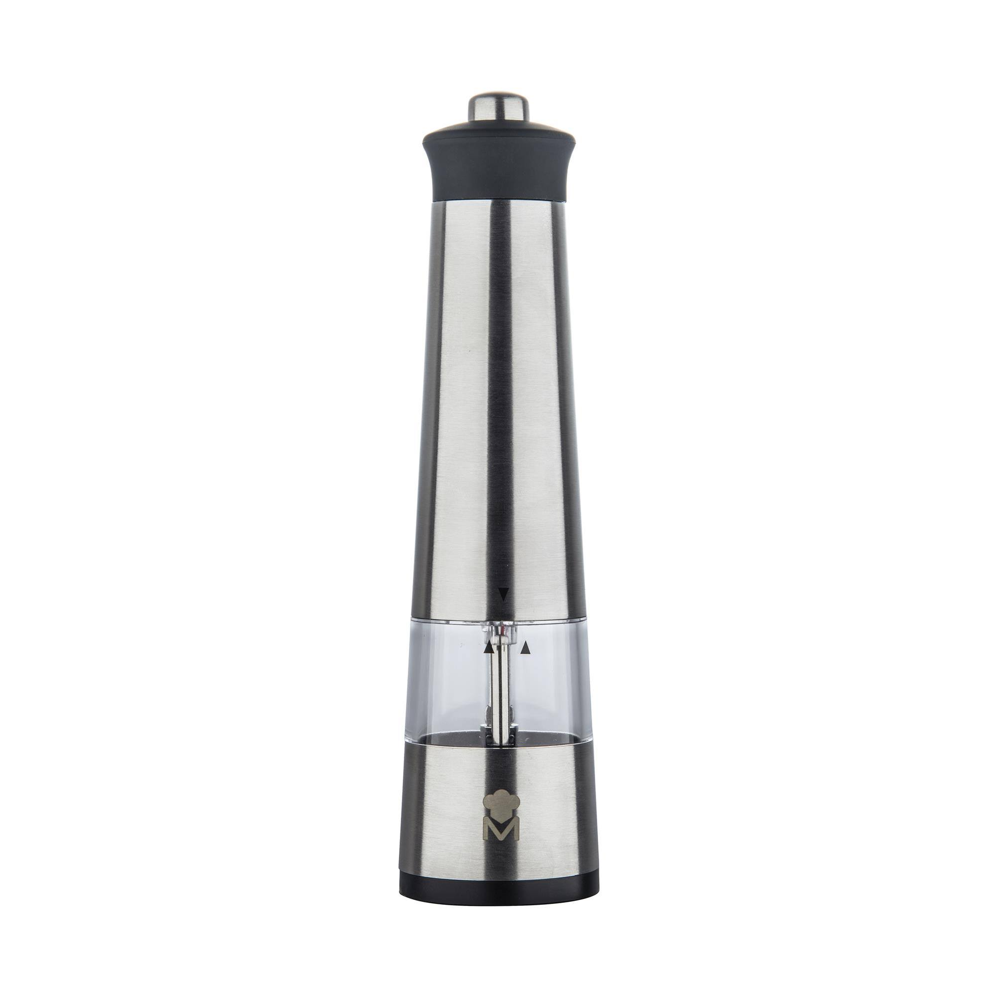 Molinillo eléctrico de acero inoxidable con tapa negra y recipiente transparente.